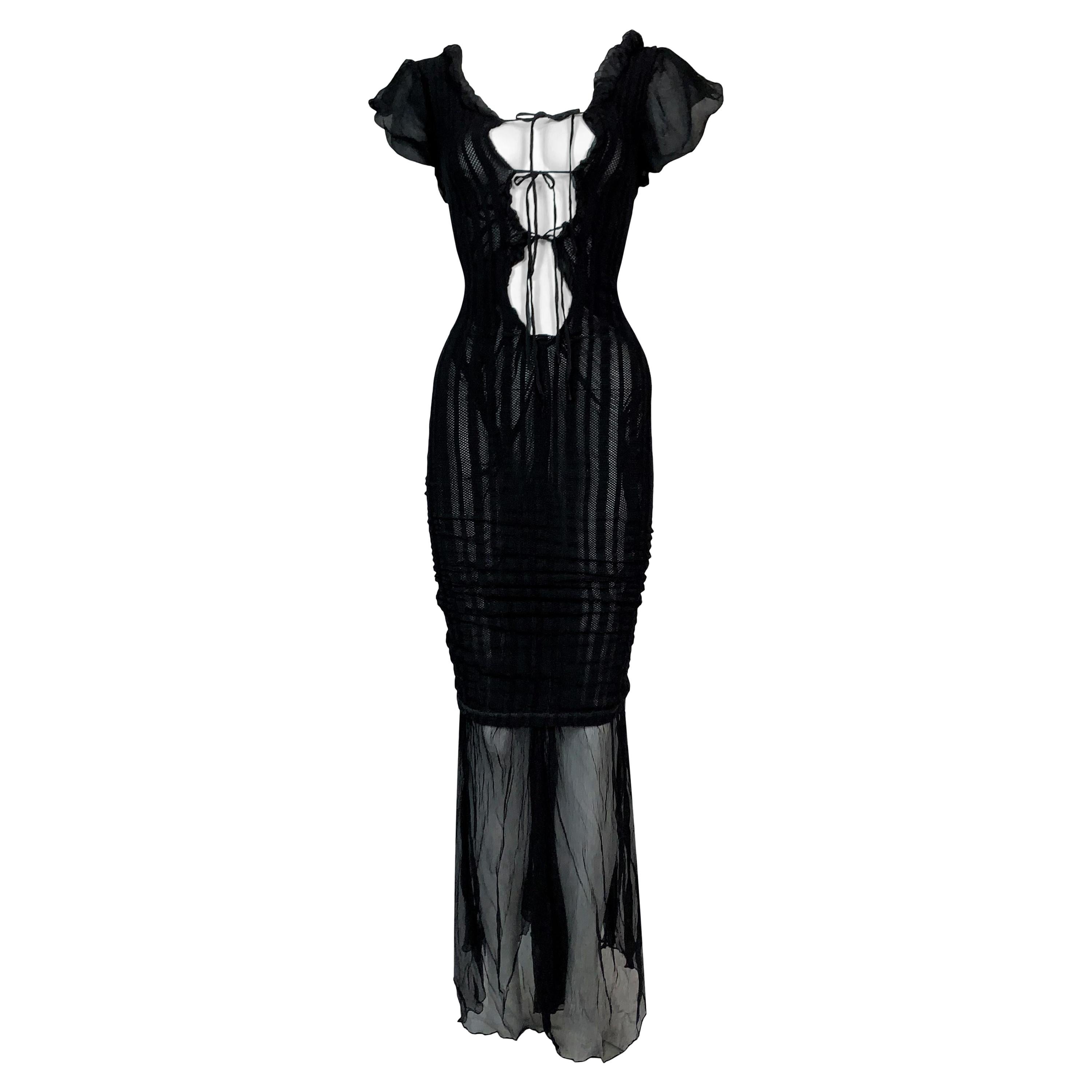 S/S 2001 Jean Paul Gaultier Plunging Sheer Black Bodycon Maxi Dress