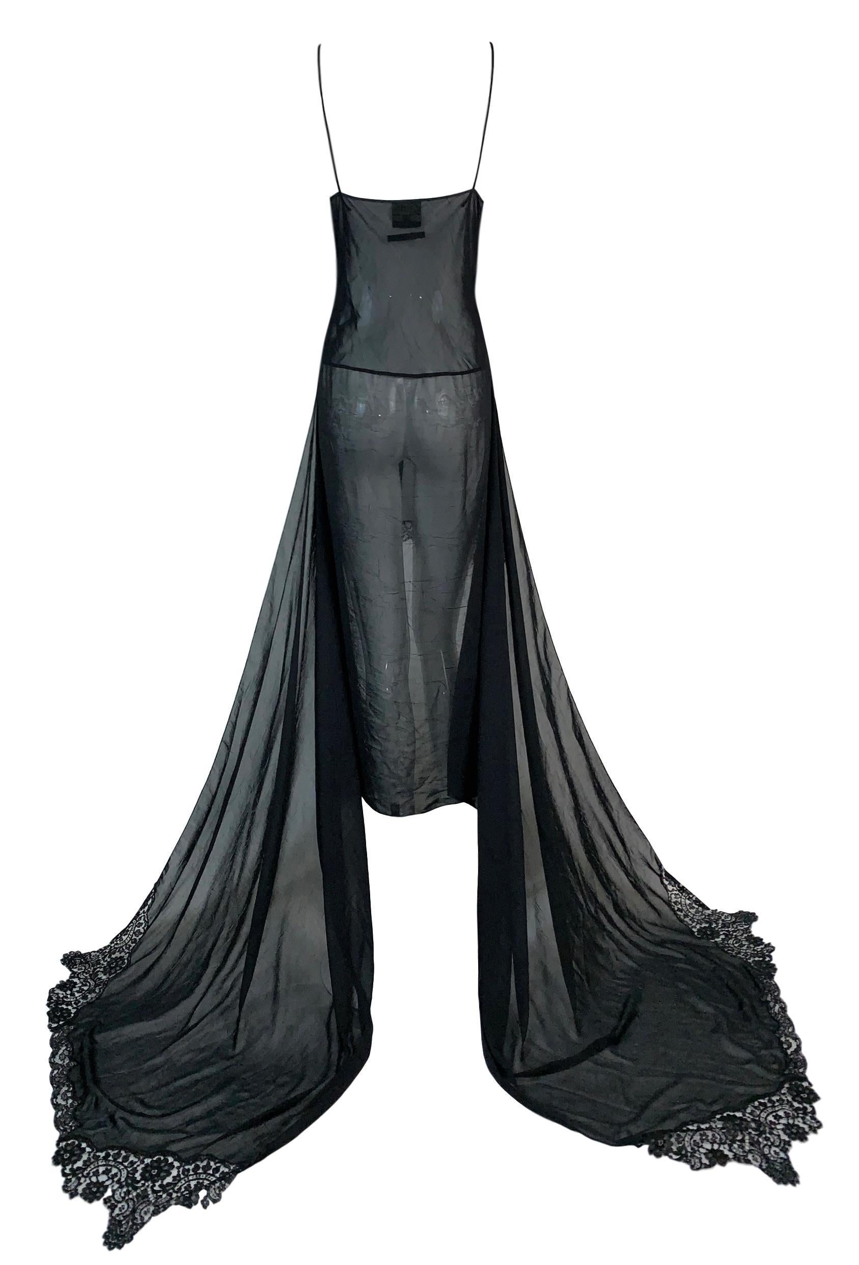 S/S 2001 Jean Paul Gaultier Sheer Black Lace Trim Hi-Low Gown Mini Dress In Excellent Condition In Yukon, OK