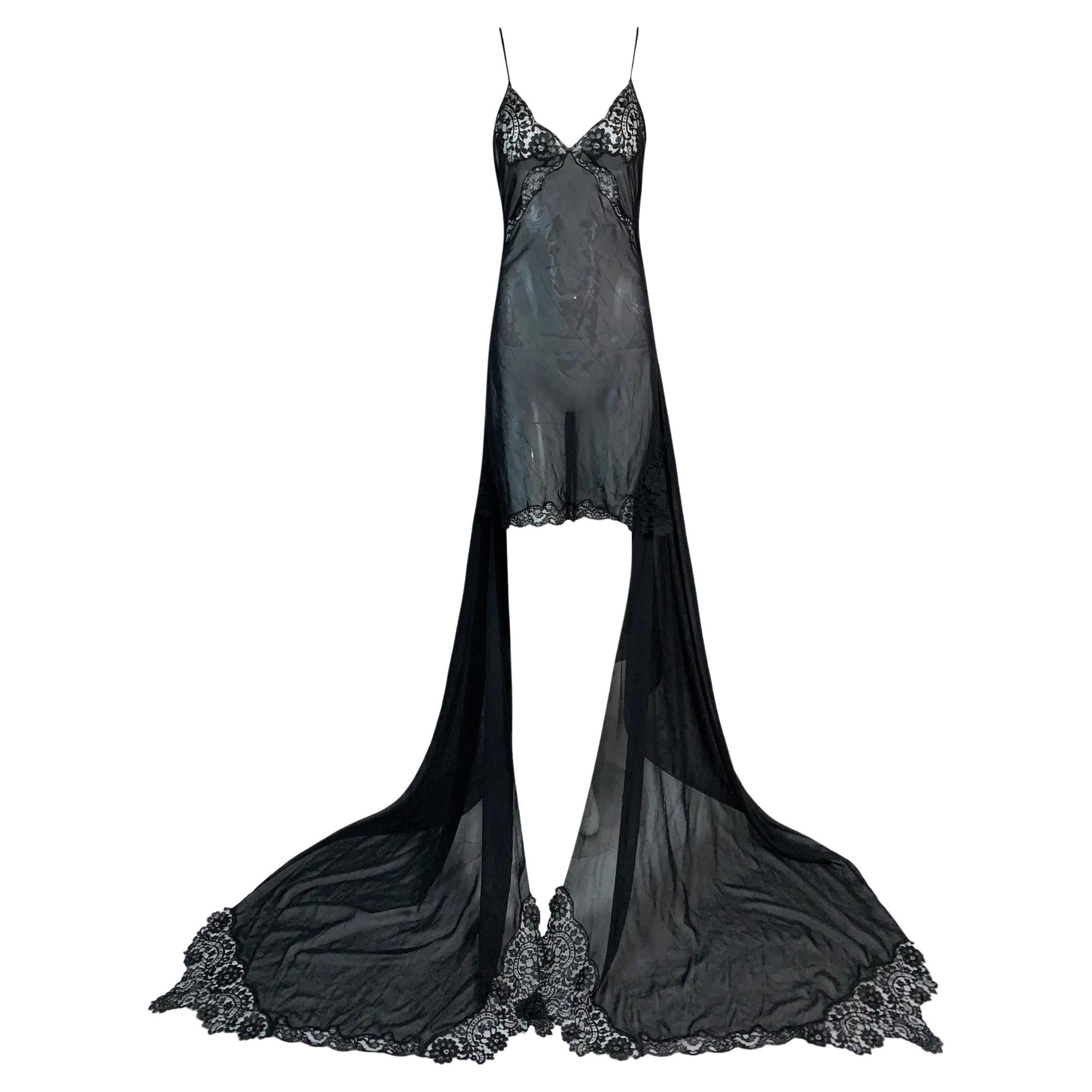 S/S 2001 Jean Paul Gaultier Sheer Black Lace Trim Hi-Low Gown Mini Dress