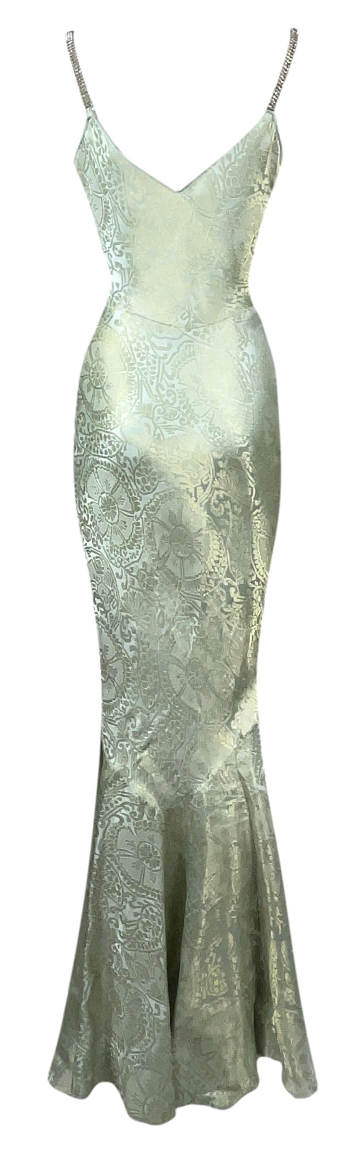 S/S 2001 John Galliano Mint Green & Gold Mermaid Gown Dress w Crystal Straps In Good Condition For Sale In Yukon, OK