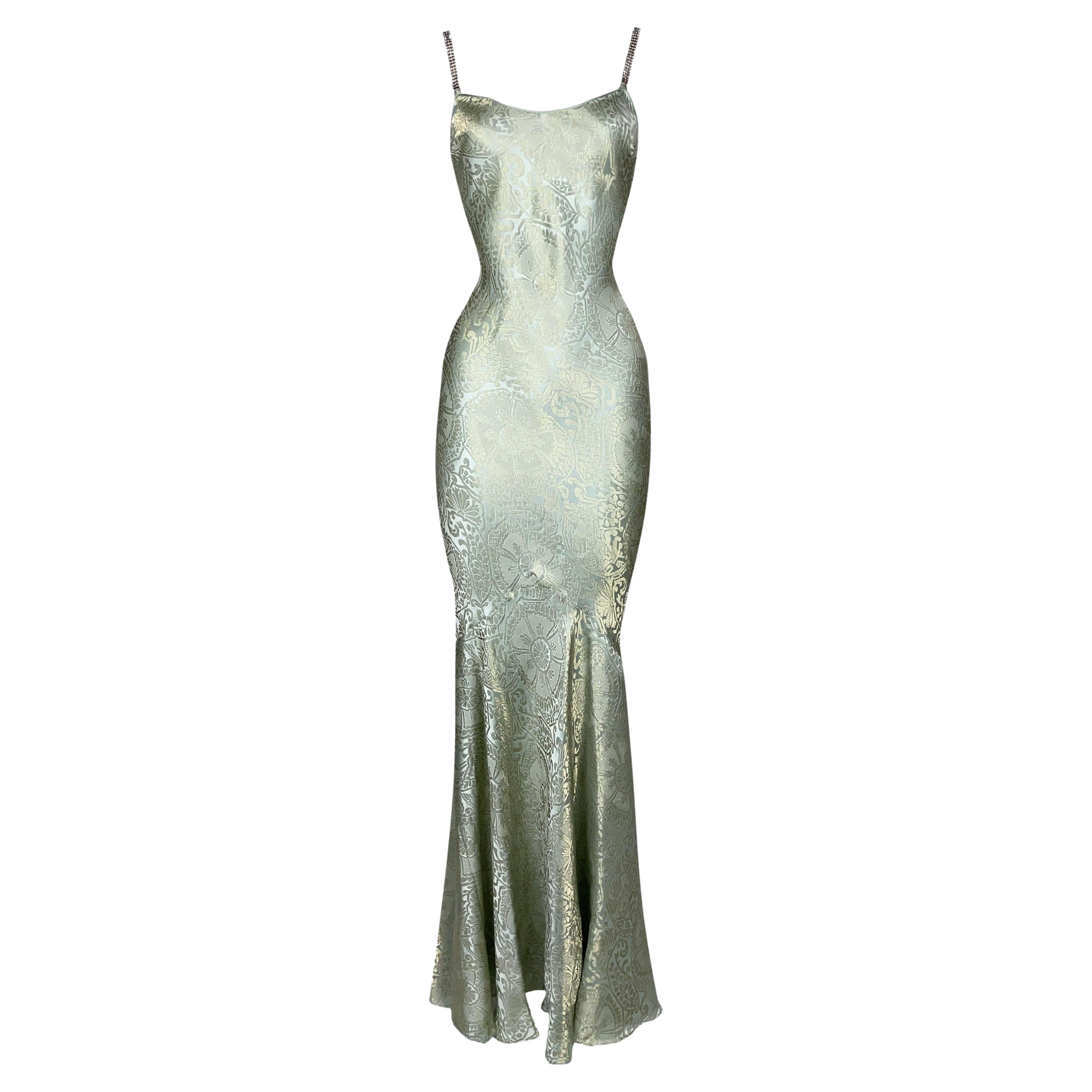 S/S 2001 John Galliano Mint Green & Gold Mermaid Gown Dress w Crystal Straps For Sale