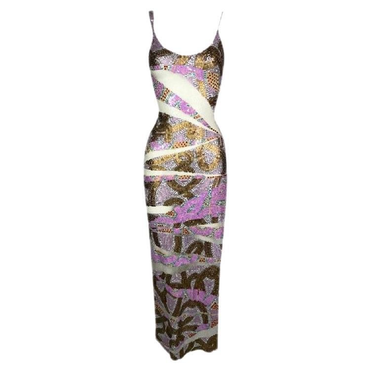 S/S 2001 Julien Macdonald Runway Sheer Mesh Purple Gold High Slit Maxi Dress