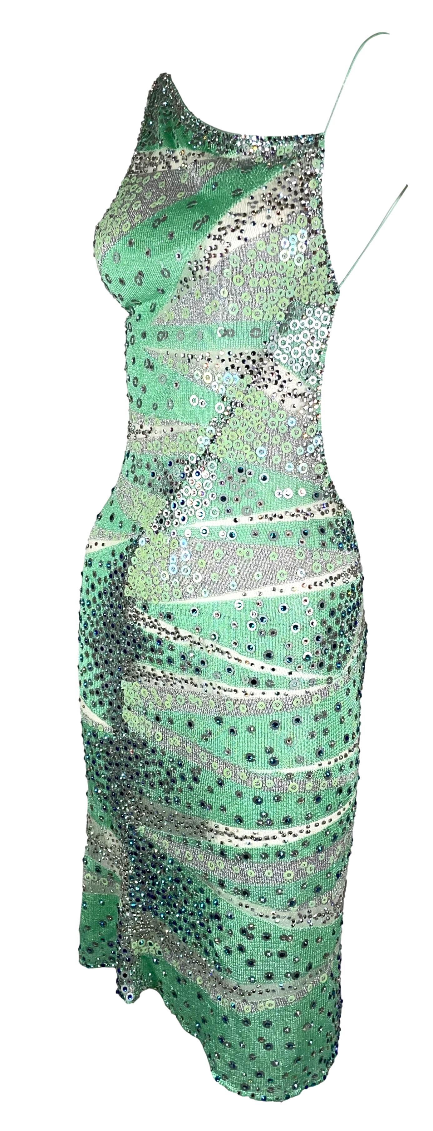 S/S 2001 Julien Macdonald Sheer Green Mesh Embellished Dress In Fair Condition For Sale In Yukon, OK