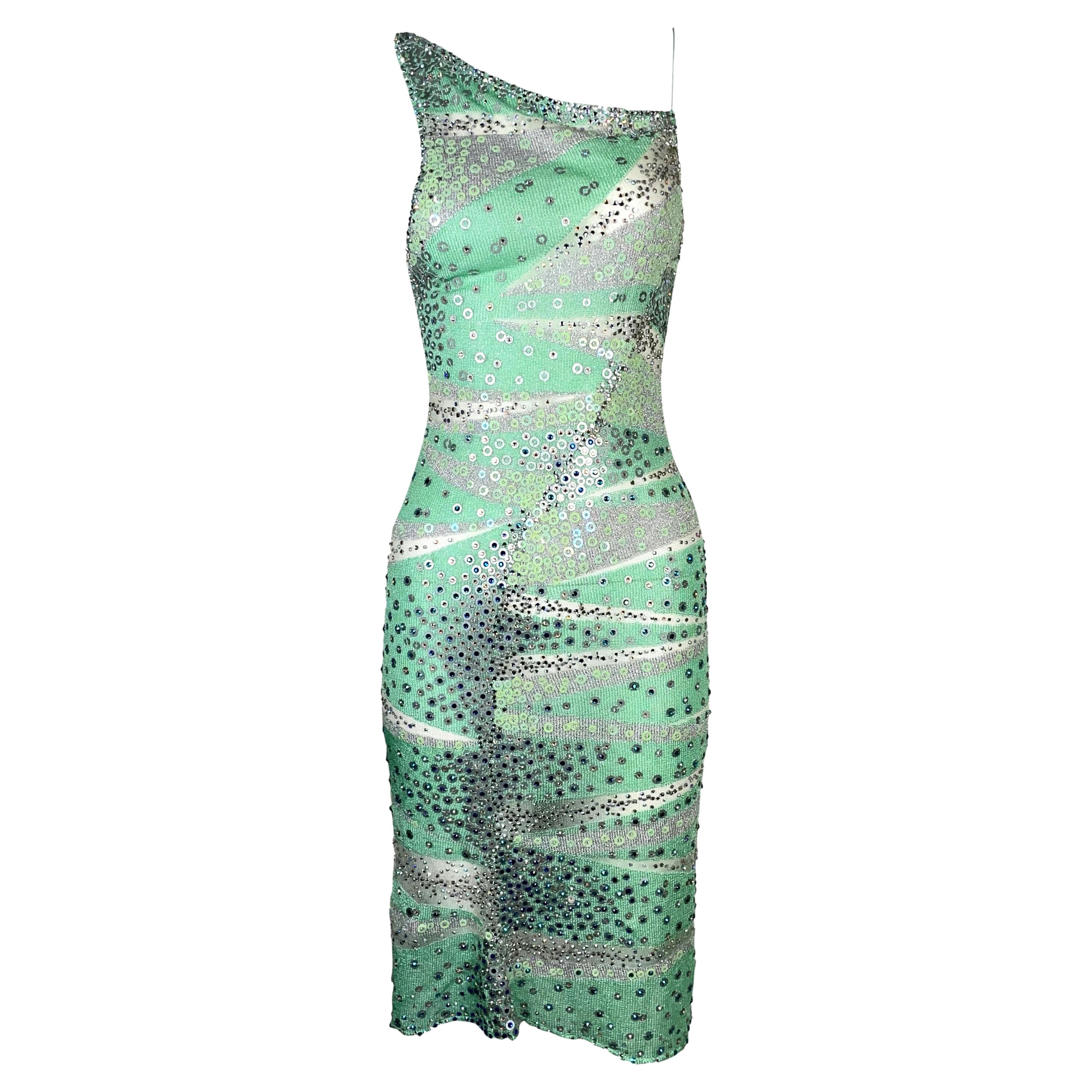 S/S 2001 Julien Macdonald Sheer Green Mesh Embellished Dress For Sale