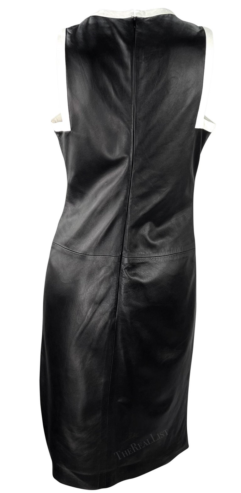 S/S 2001 Ralph Lauren Black Runway Black Leather White Trim Sleeveless Dress S/S 2001 Ralph Lauren Black Runway Black Leather White Trim Sleeveless Dress