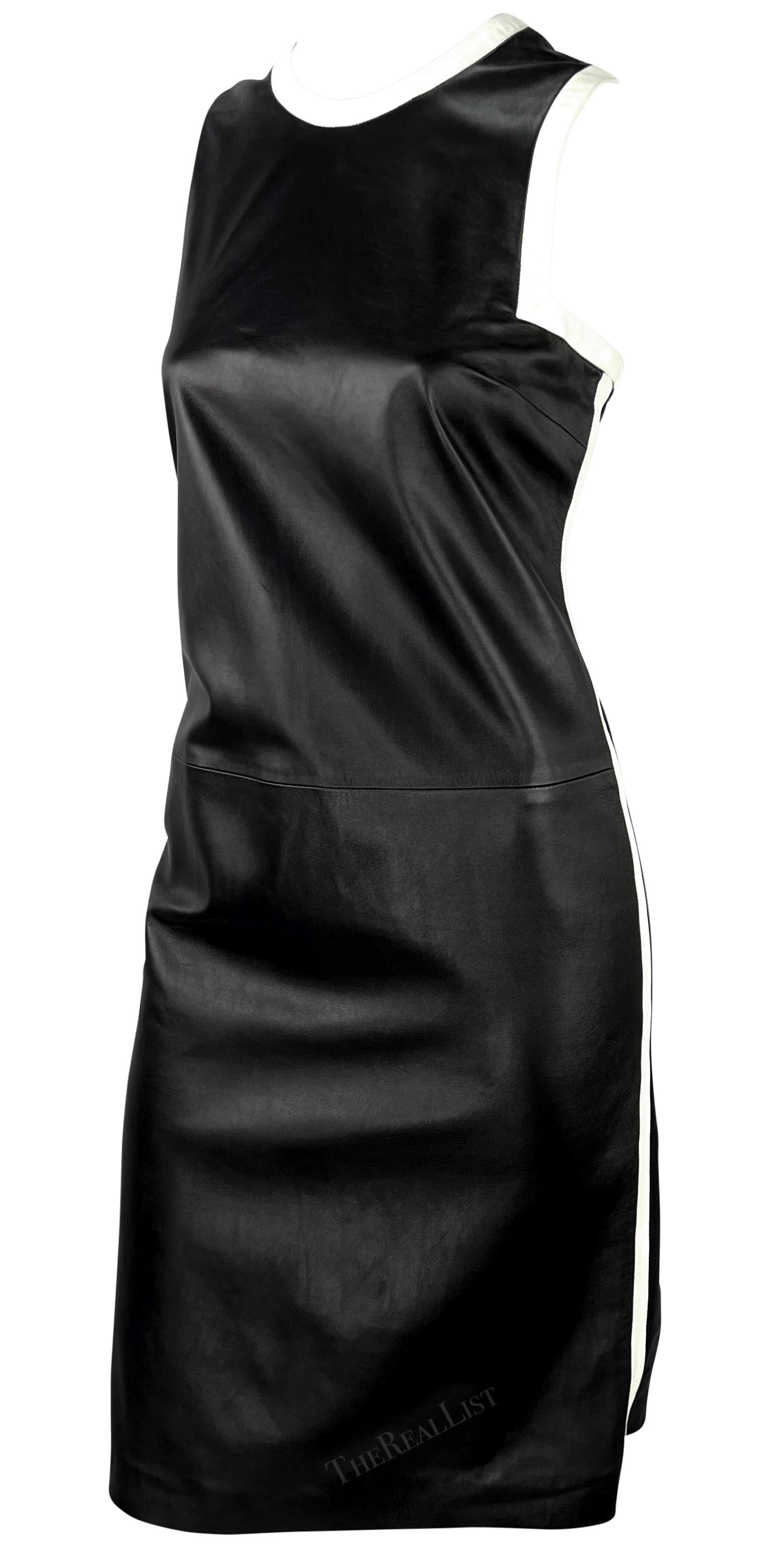 Women's S/S 2001 Ralph Lauren Black Runway Black Leather White Trim Sleeveless Dress For Sale