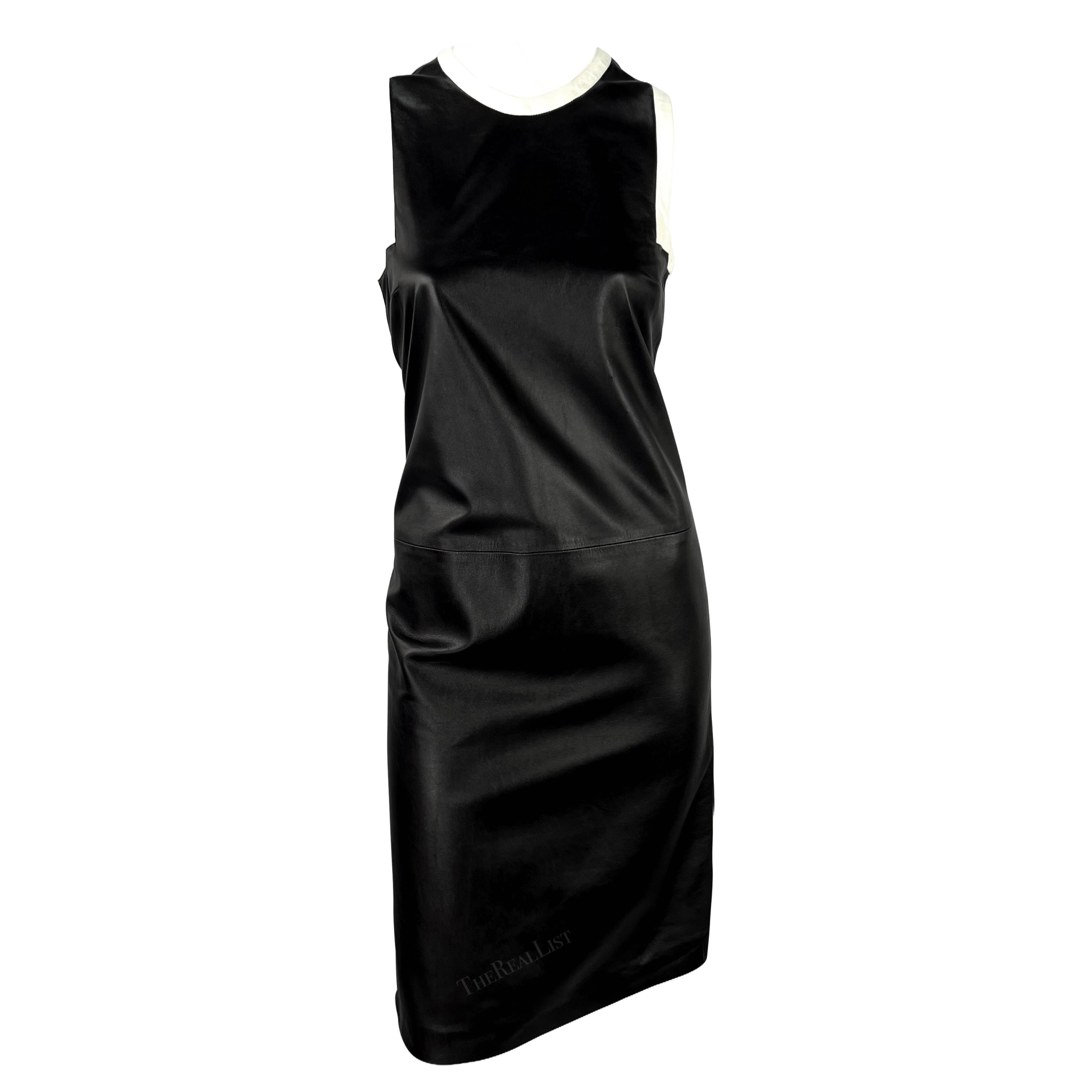 S/S 2001 Ralph Lauren Black Runway Black Leather White Trim Sleeveless Dress For Sale
