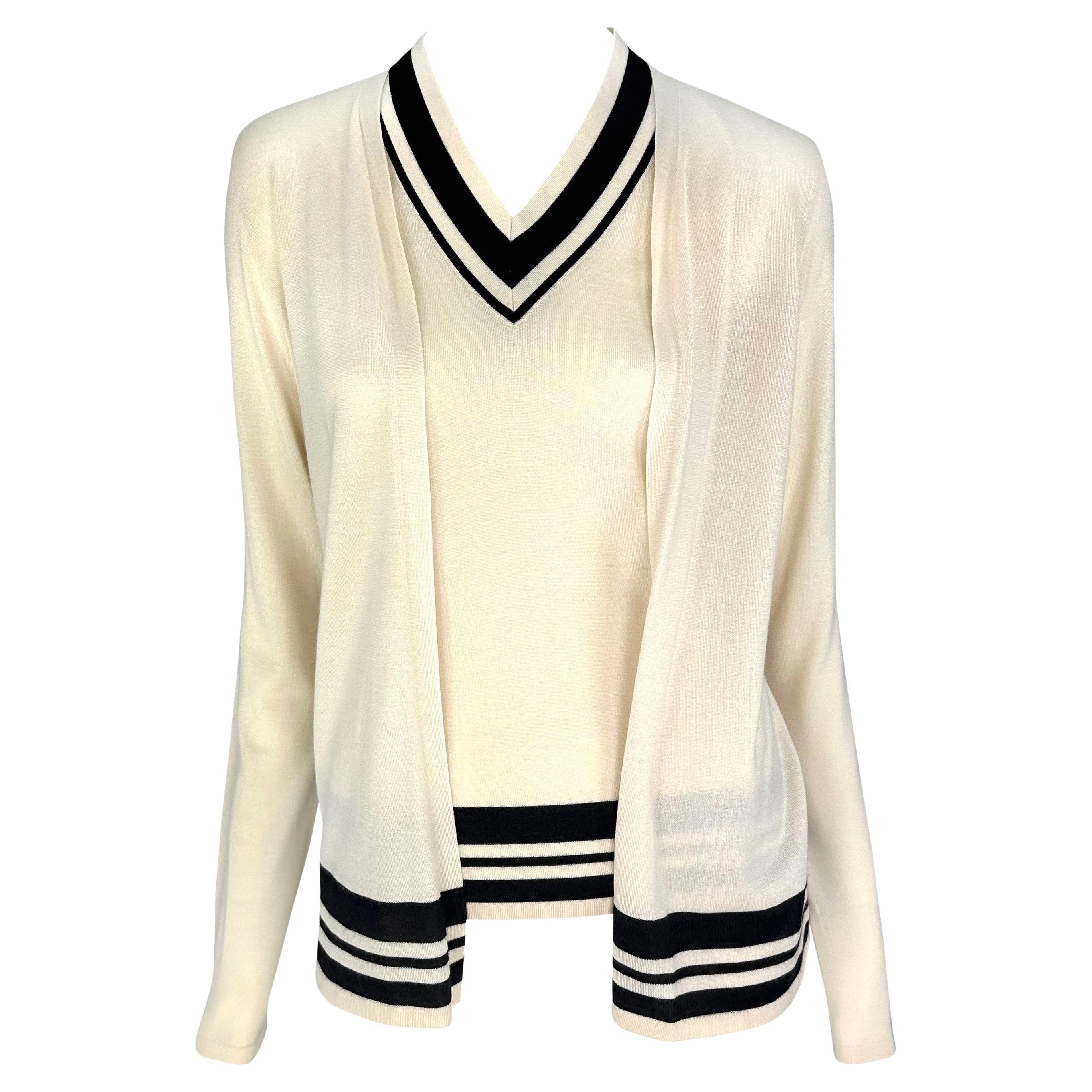 S/S 2001 Ralph Lauren Off-White Striped Cashmere Silk Knit Cardigan Sweater Set For Sale