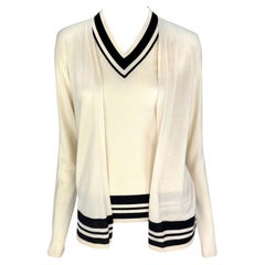 S/S 2001 Ralph Lauren Off-White Striped Cashmere Silk Knit Cardigan Sweater Set