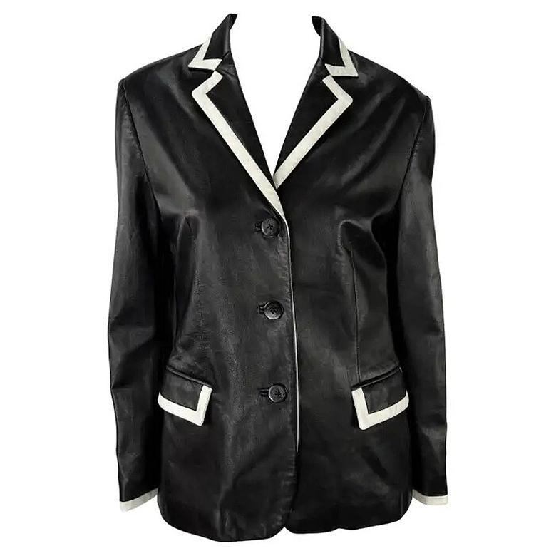 F/S 2001 Ralph Lauren Laufsteg Schwarzer Blazer mit weißem Lederbesatz aus Leder im Angebot