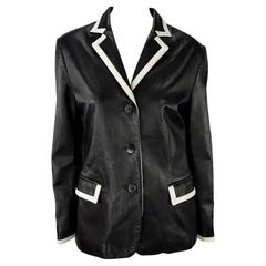 S/S 2001 Ralph Lauren Runway Chaqueta Blazer de cuero negro con ribetes blancos