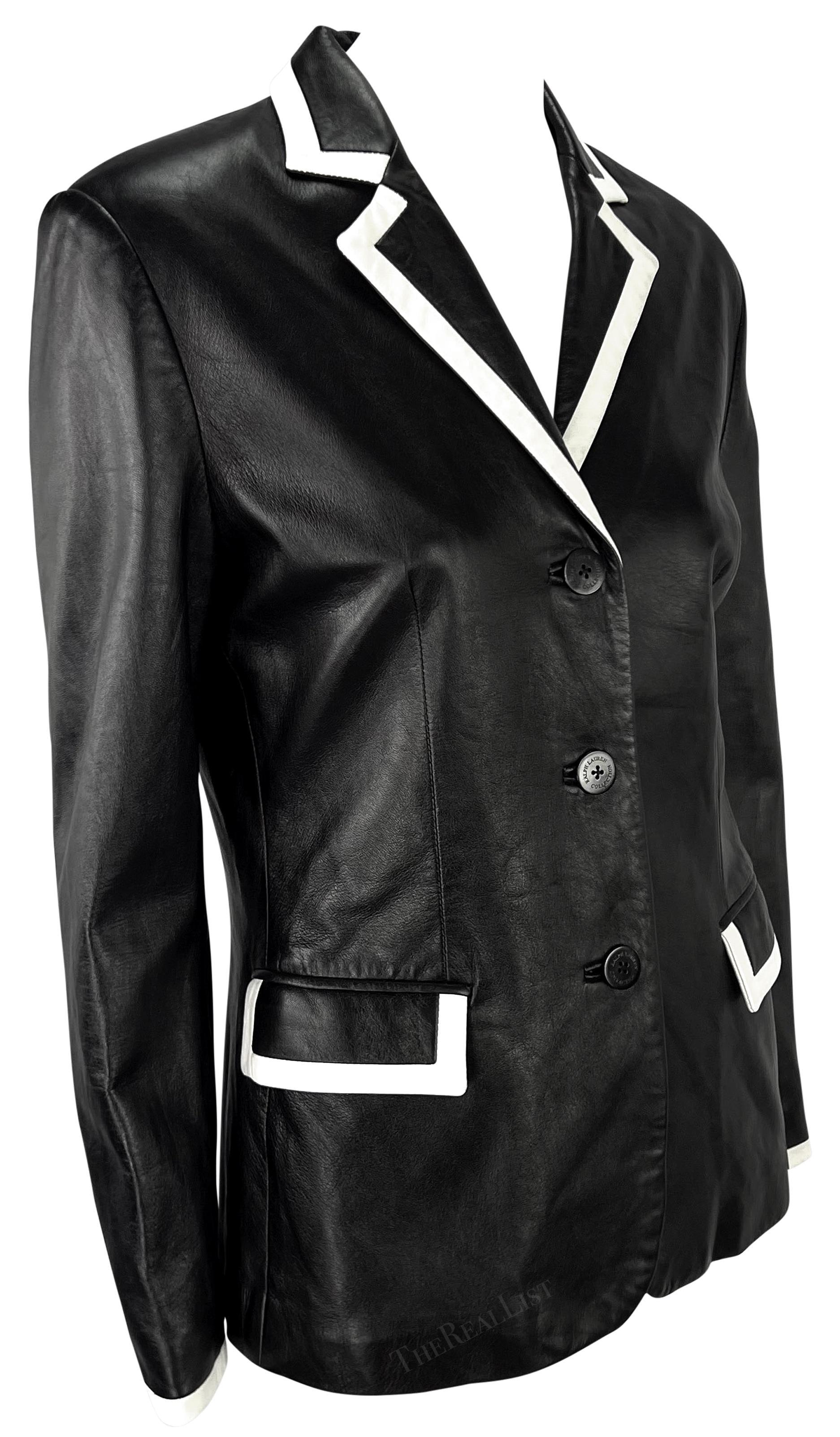 F/S 2001 Ralph Lauren Laufsteg Schwarzer Blazer mit weißem Lederbesatz aus Leder im Zustand „Hervorragend“ im Angebot in West Hollywood, CA