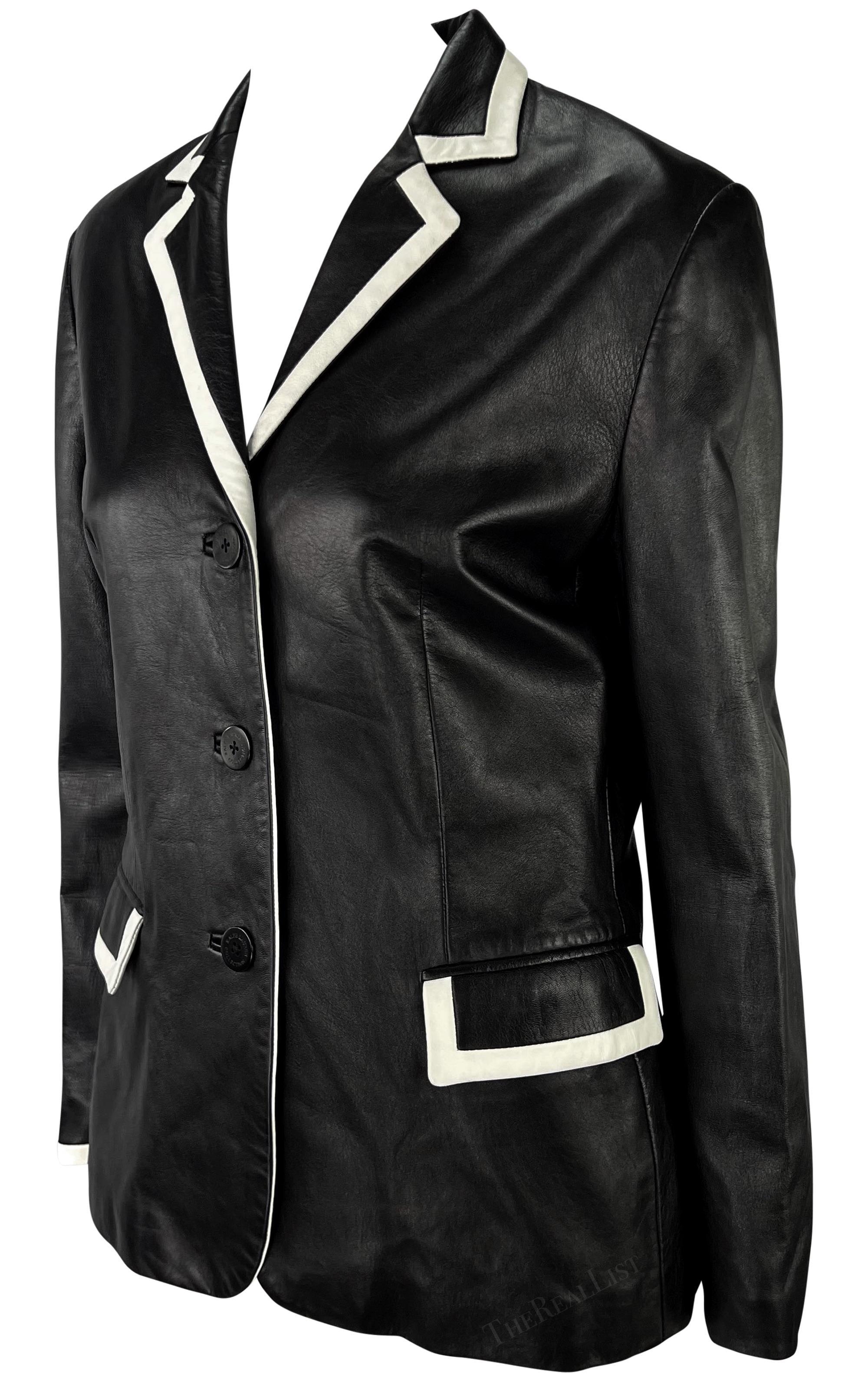 F/S 2001 Ralph Lauren Laufsteg Schwarzer Blazer mit weißem Lederbesatz aus Leder Damen im Angebot