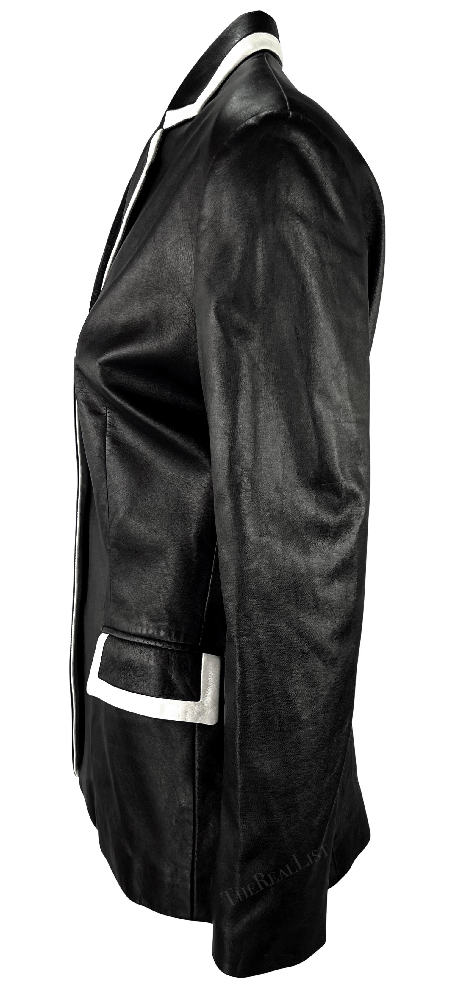 S/S 2001 Ralph Lauren Runway Black Leather White Trim Blazer Jacket For Sale 1