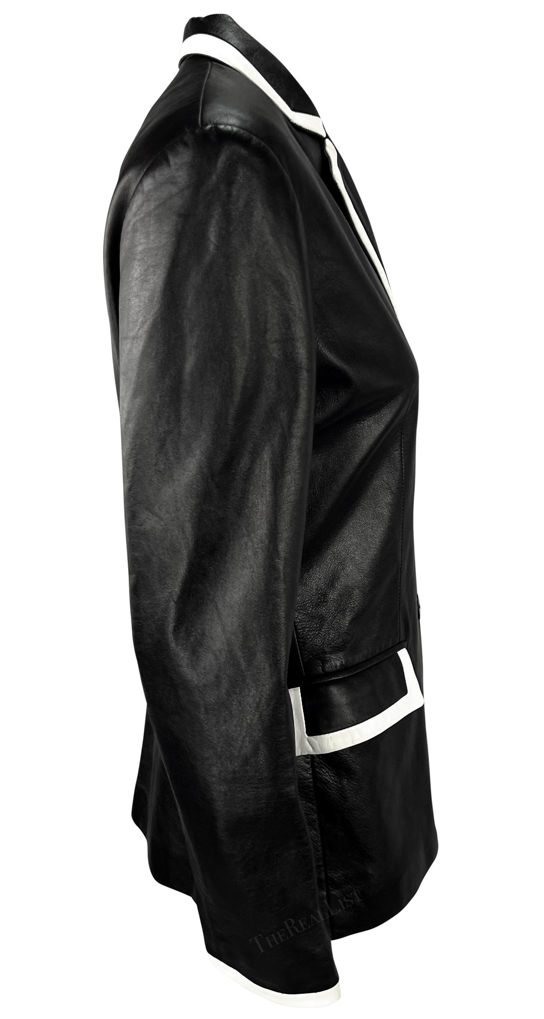 S/S 2001 Ralph Lauren Runway Black Leather White Trim Blazer Jacket For Sale 4