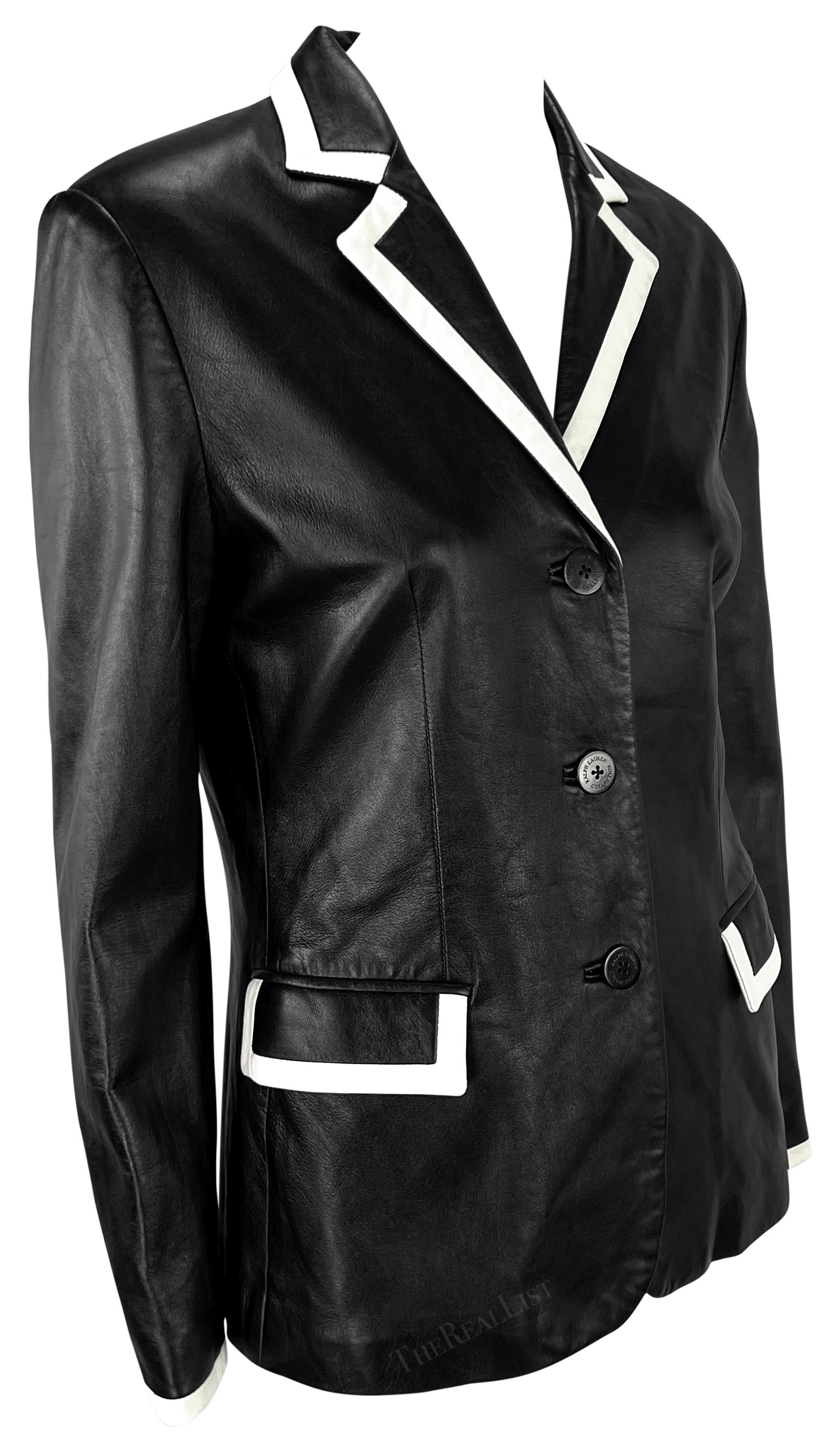 S/S 2001 Ralph Lauren Runway Black Leather White Trim Blazer Jacket For Sale 5