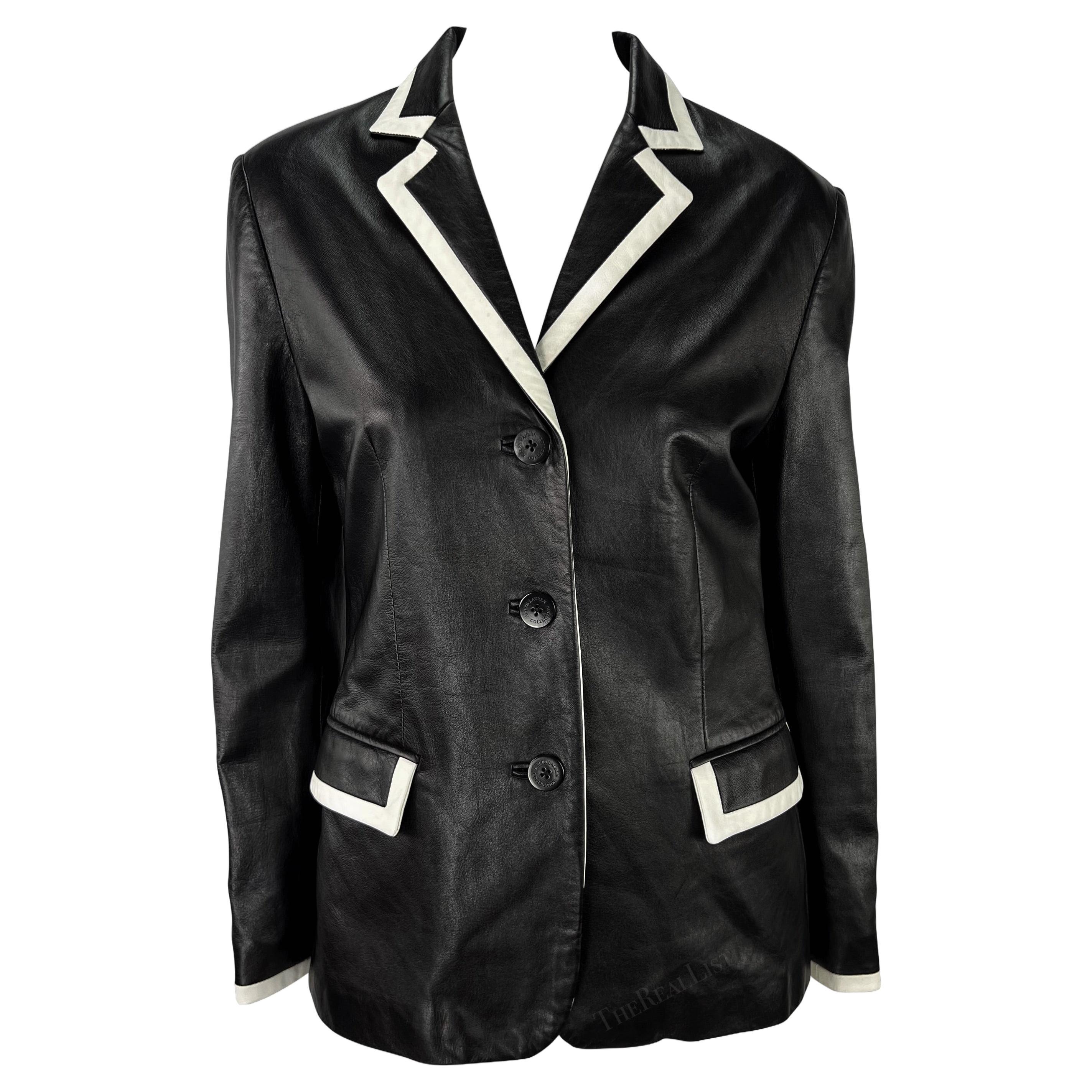 S/S 2001 Ralph Lauren Runway Black Leather White Trim Blazer Jacket For Sale