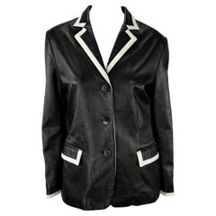 S/S 2001 Ralph Lauren Runway Black Leather White Trim Blazer Jacket