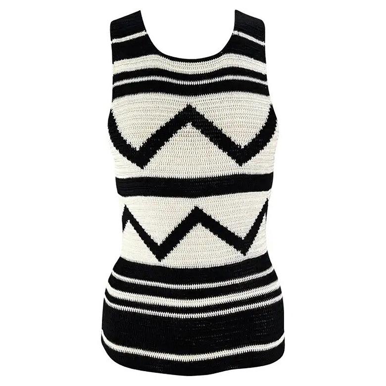 S/S 2001 Ralph Lauren Runway Creme Black Geometric Sheer Knit Silk Sweater Top For Sale
