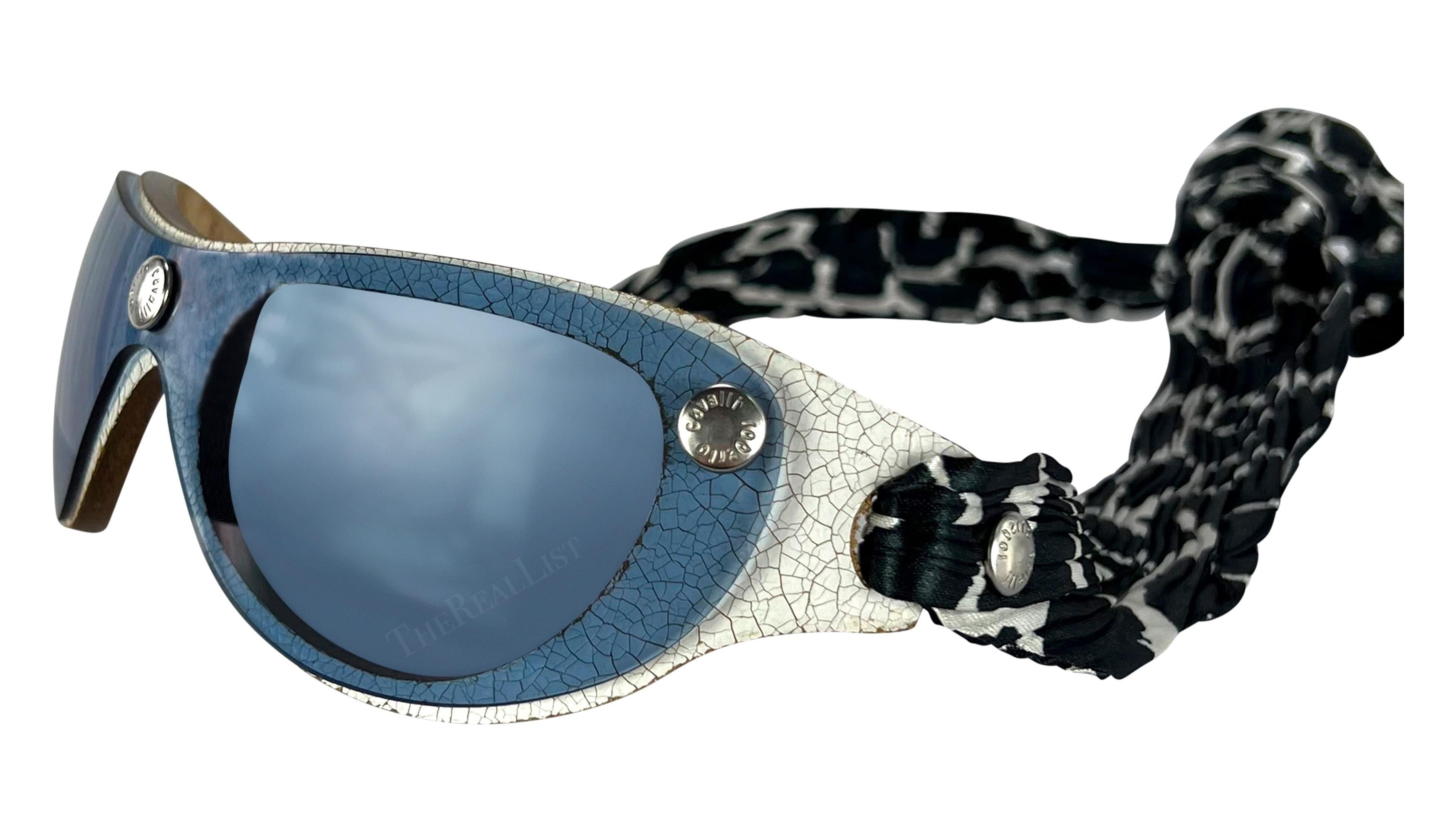 Women's S/S 2001 Roberto Cavalli Ad Blue Shield Silk Scarf Wrap Sunglasses For Sale