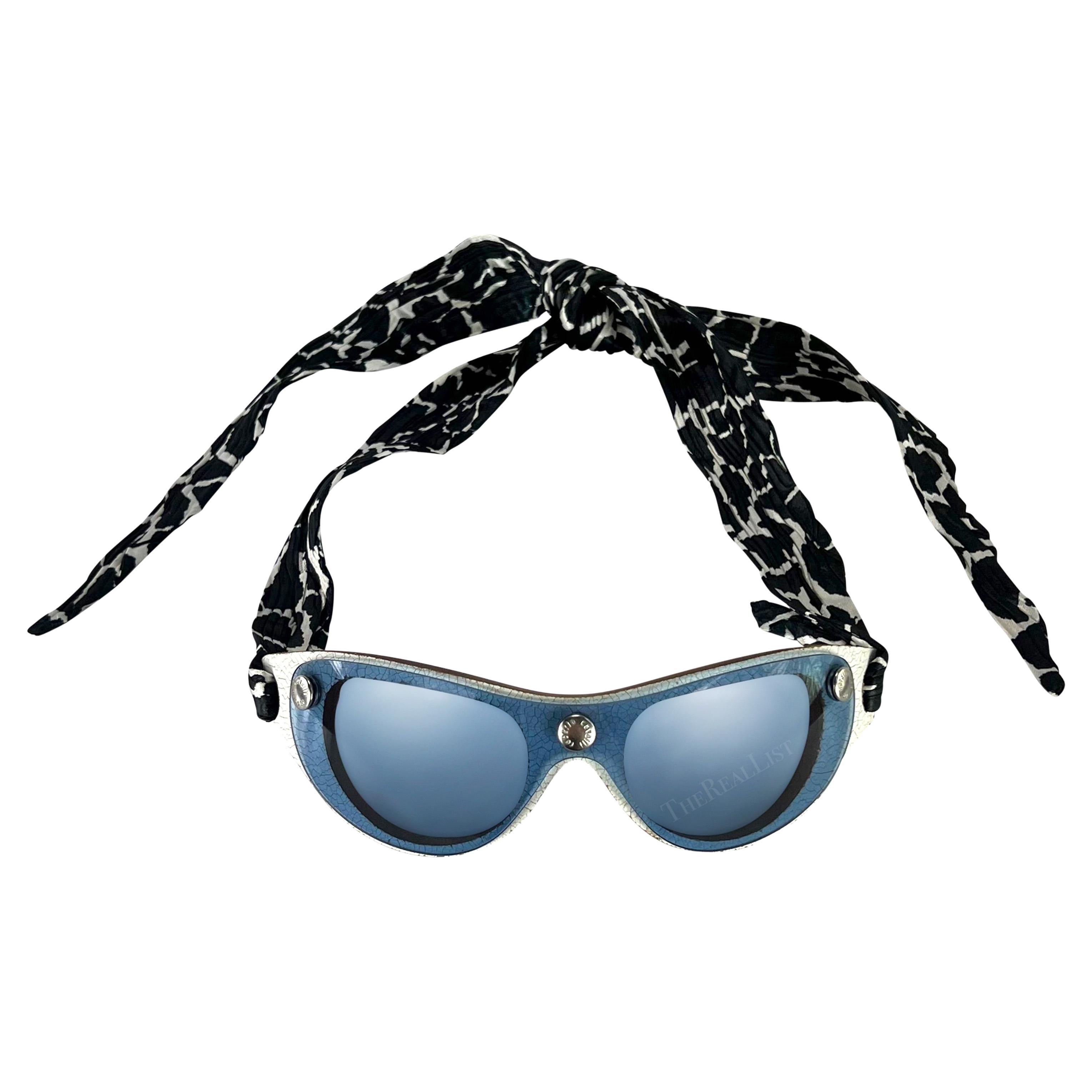 S/S 2001 Roberto Cavalli Ad Blue Shield Silk Scarf Wrap Sunglasses For Sale
