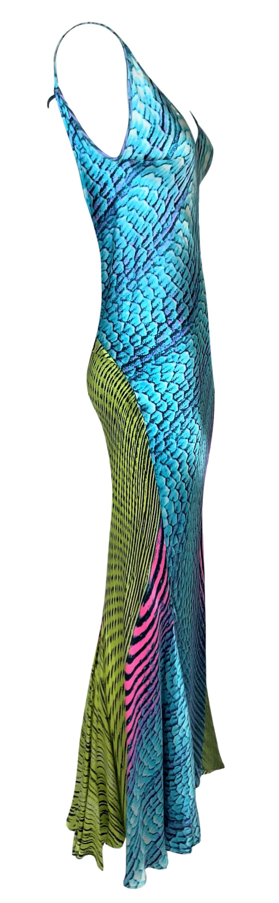 S/S 2001 Roberto Cavalli Neon Rosa Gelb Blau Seide Langes Slip-Kleid im Zustand „Gut“ in Yukon, OK