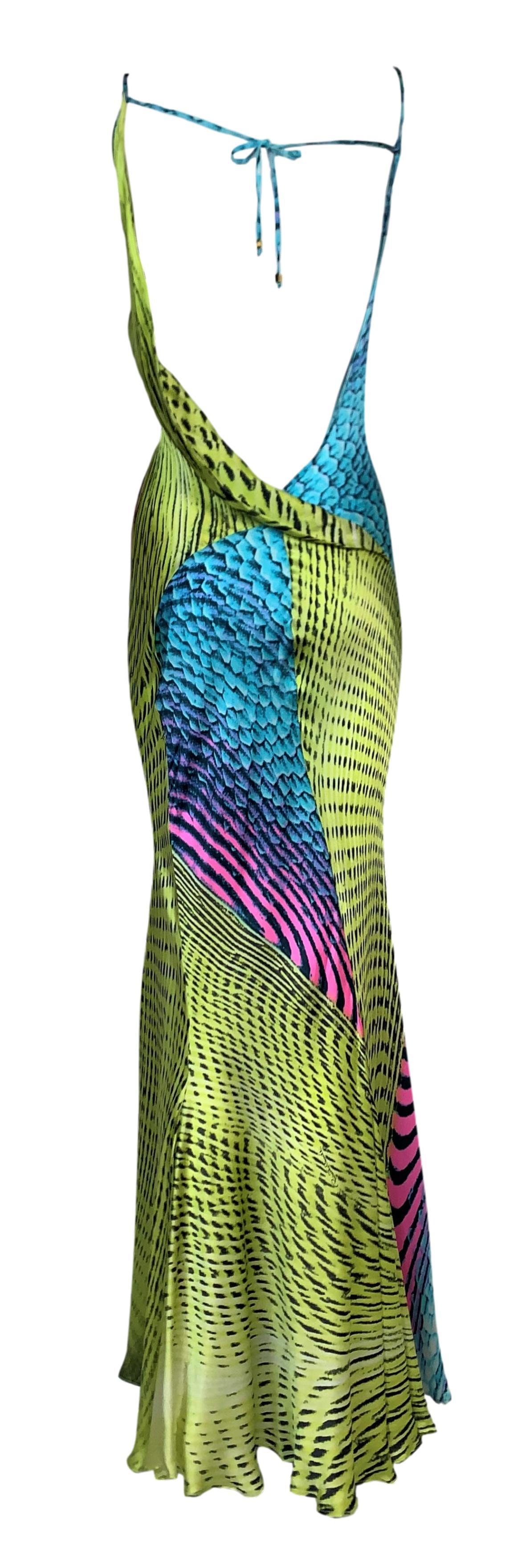 S/S 2001 Roberto Cavalli Neon Rosa Gelb Blau Seide Langes Slip-Kleid Damen