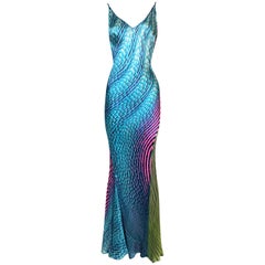S/S 2001 Roberto Cavalli Robe longue en soie rose fluo jaune et bleue