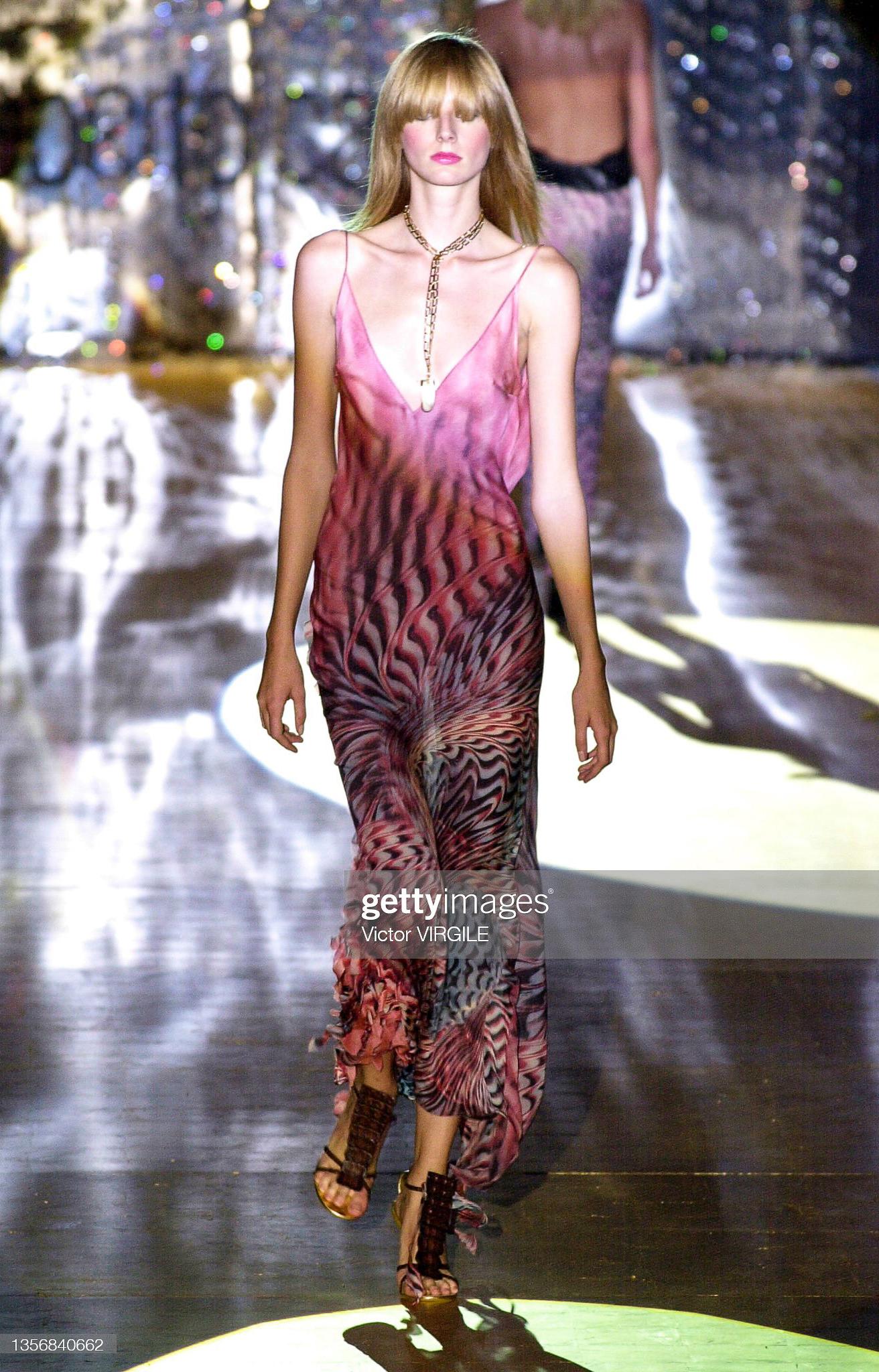 S/S 2001 Roberto Cavalli psychedelic silk slip gown. Pink slip dress with psychedelic print throughout, and silk chiffon ruffle details at back hem. V-neck sleeveless dress with open drape back. 100% silk. As seen on the runway. 