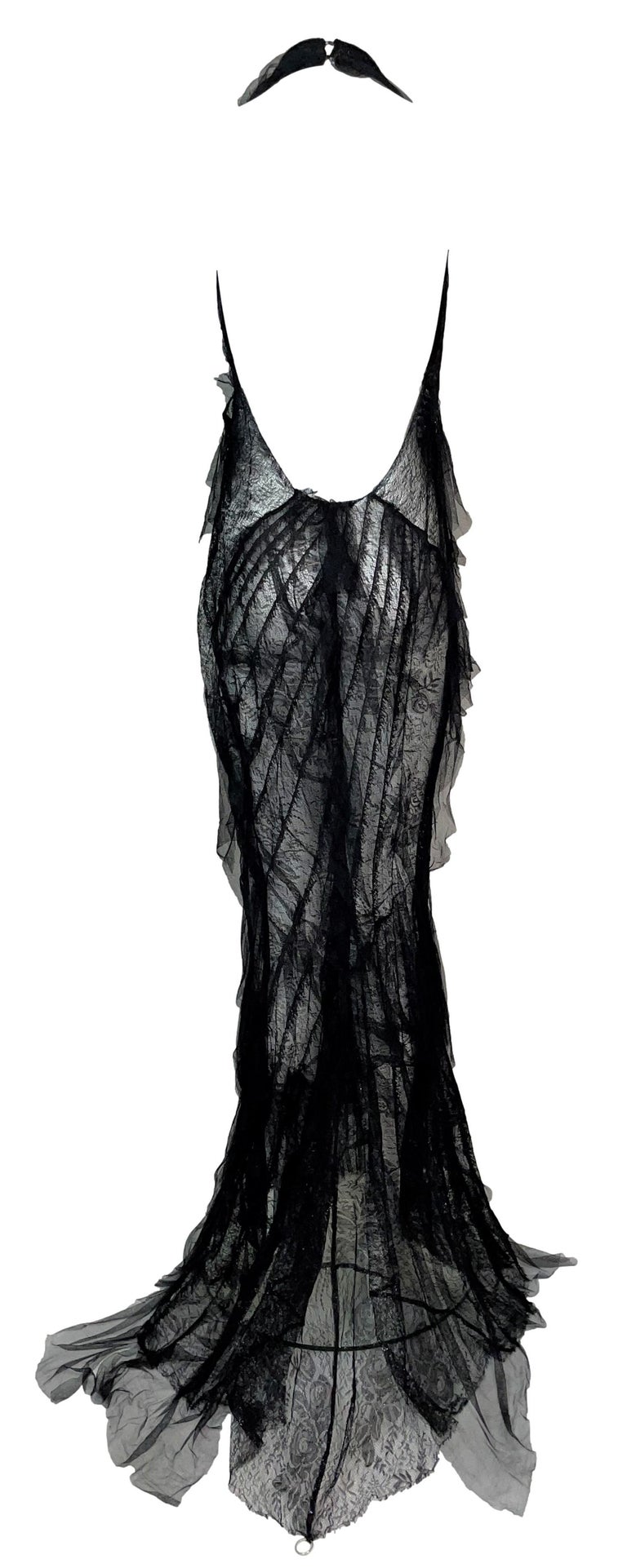 S/S 2001 Roberto Cavalli Runway MET Plunging Sheer Black Lace Ruffle Maxi  Dress