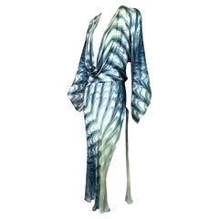 S/S 2001 Roberto Cavalli Sheer Blue Silk Plunging High Slit Maxi Dress
