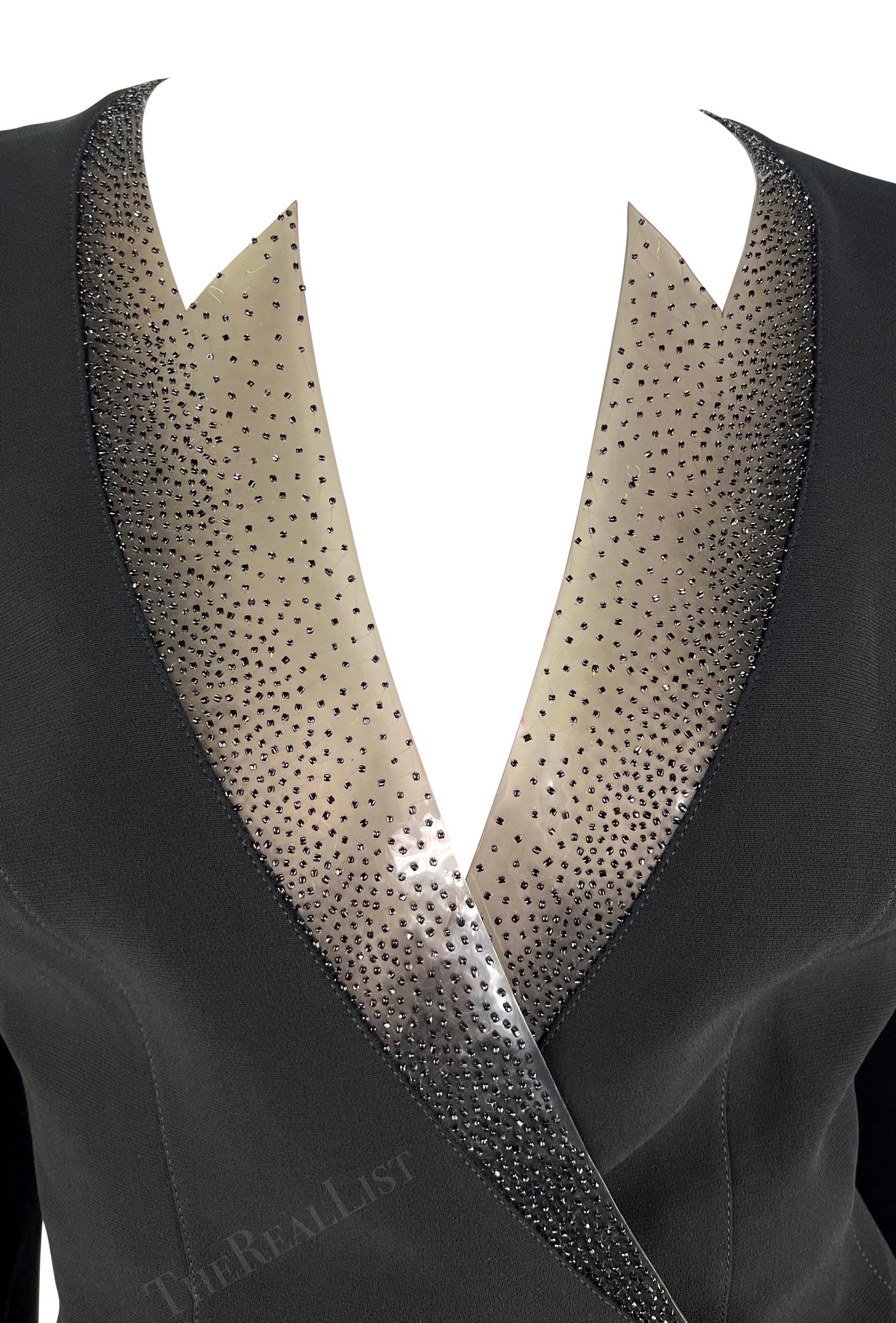 S/S 2001 Thierry Mugler Runway Blazer plongeant noir à découpe PVC perlée Excellent état - En vente à West Hollywood, CA