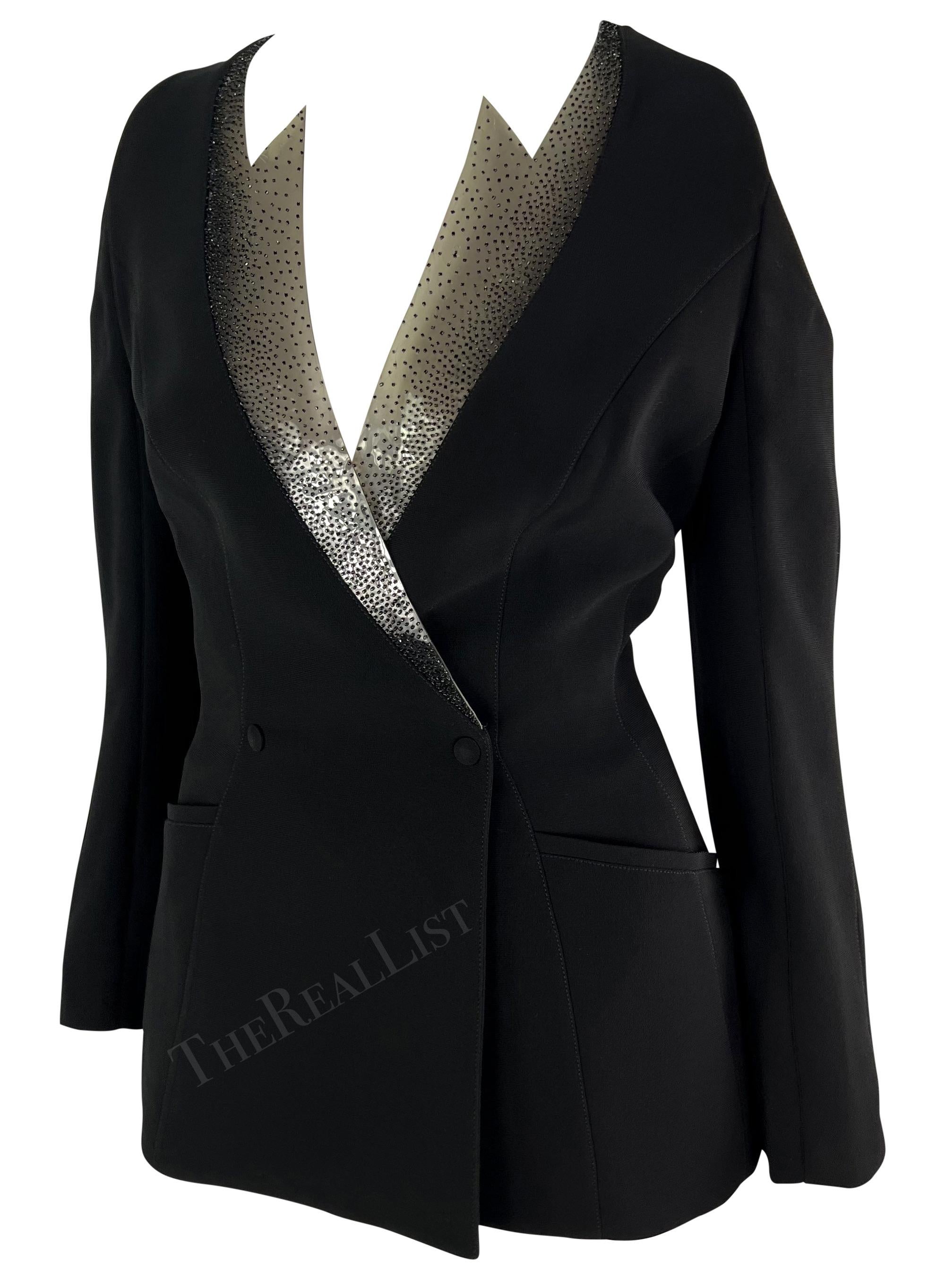 S/S 2001 Thierry Mugler Runway Beaded PVC Cutout Black Plunging Blazer For Sale 1