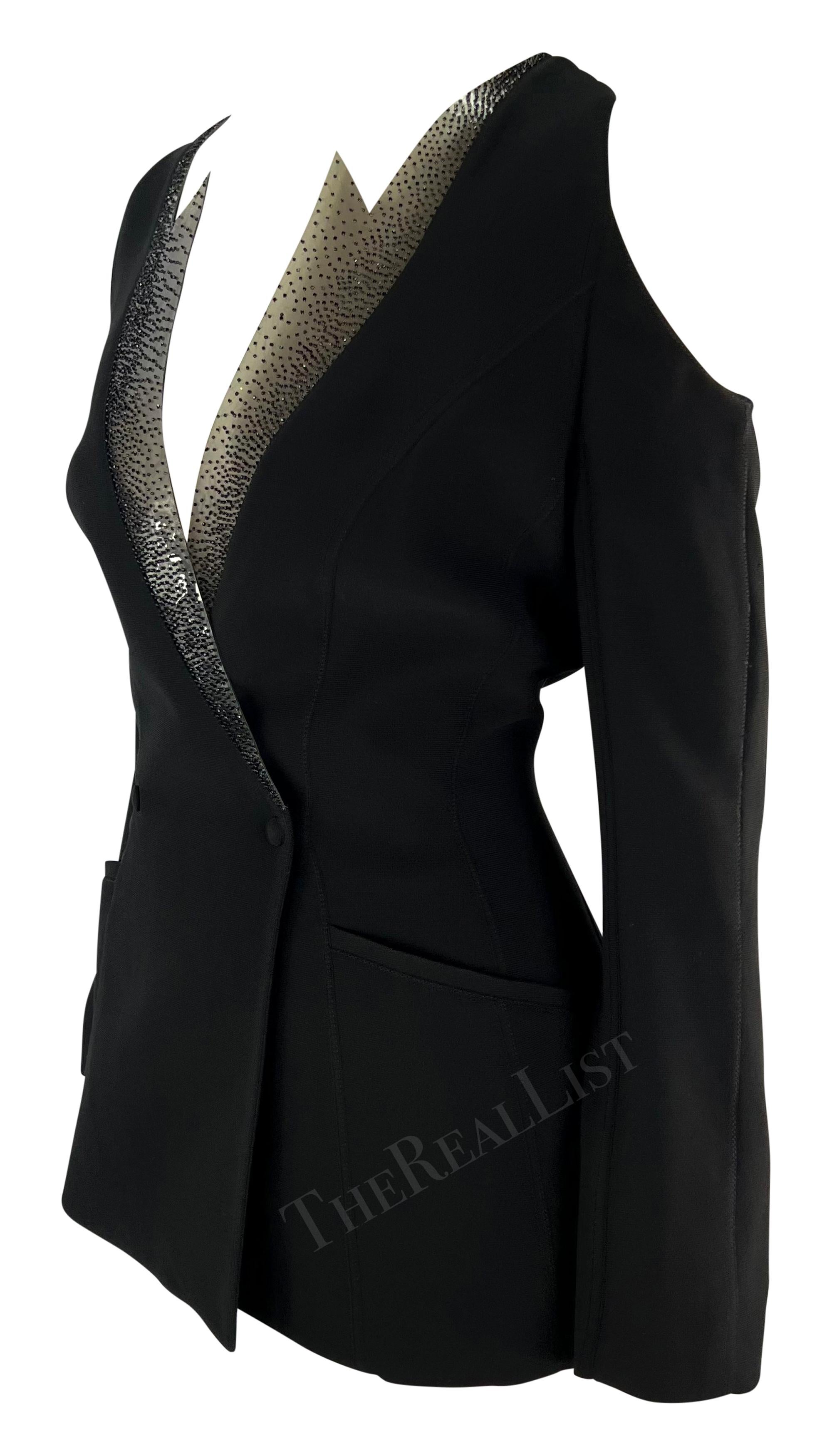 S/S 2001 Thierry Mugler Runway Beaded PVC Cutout Black Plunging Blazer For Sale 2