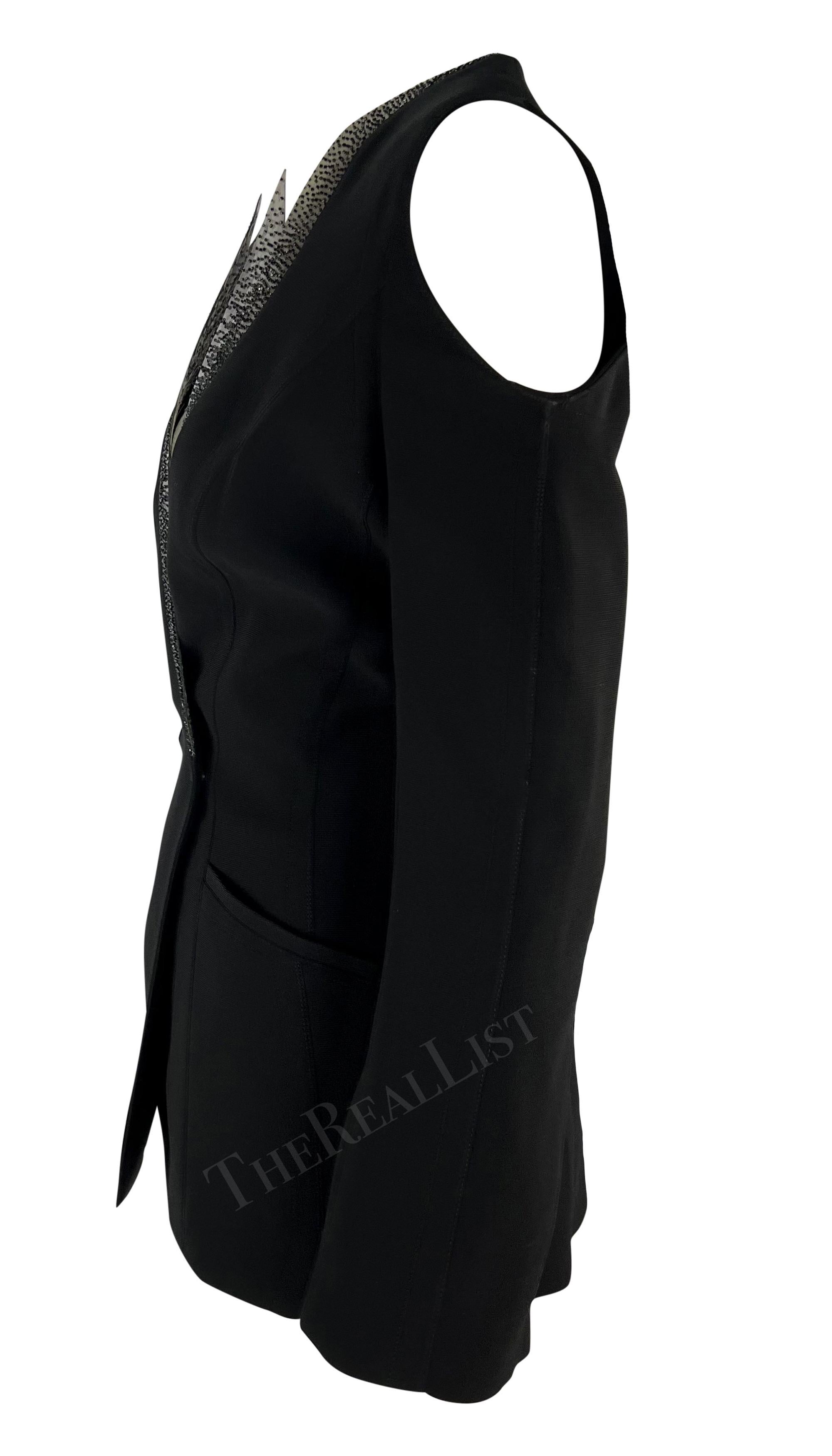 S/S 2001 Thierry Mugler Runway Beaded PVC Cutout Black Plunging Blazer For Sale 3