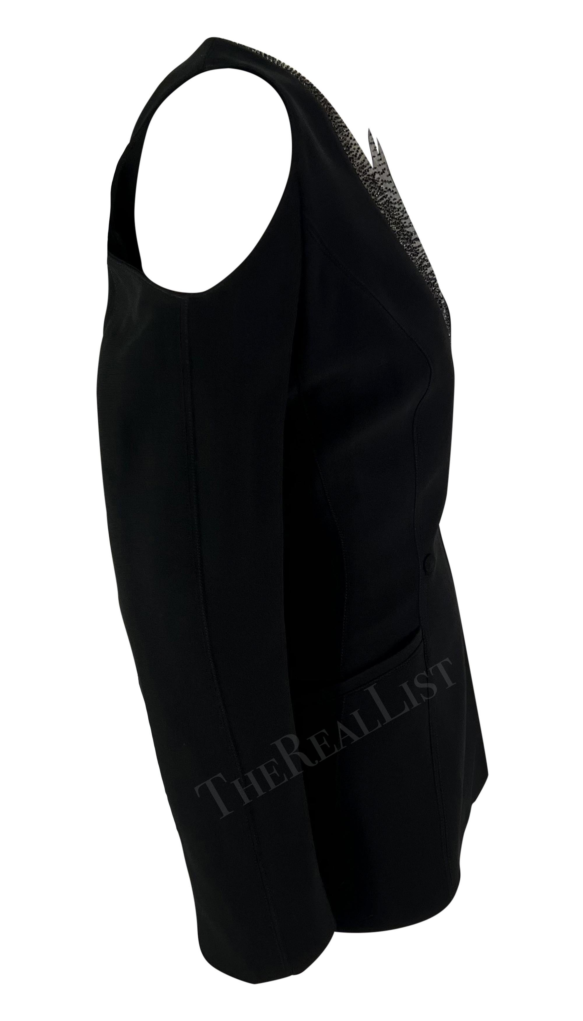 S/S 2001 Thierry Mugler Runway Beaded PVC Cutout Black Plunging Blazer For Sale 4