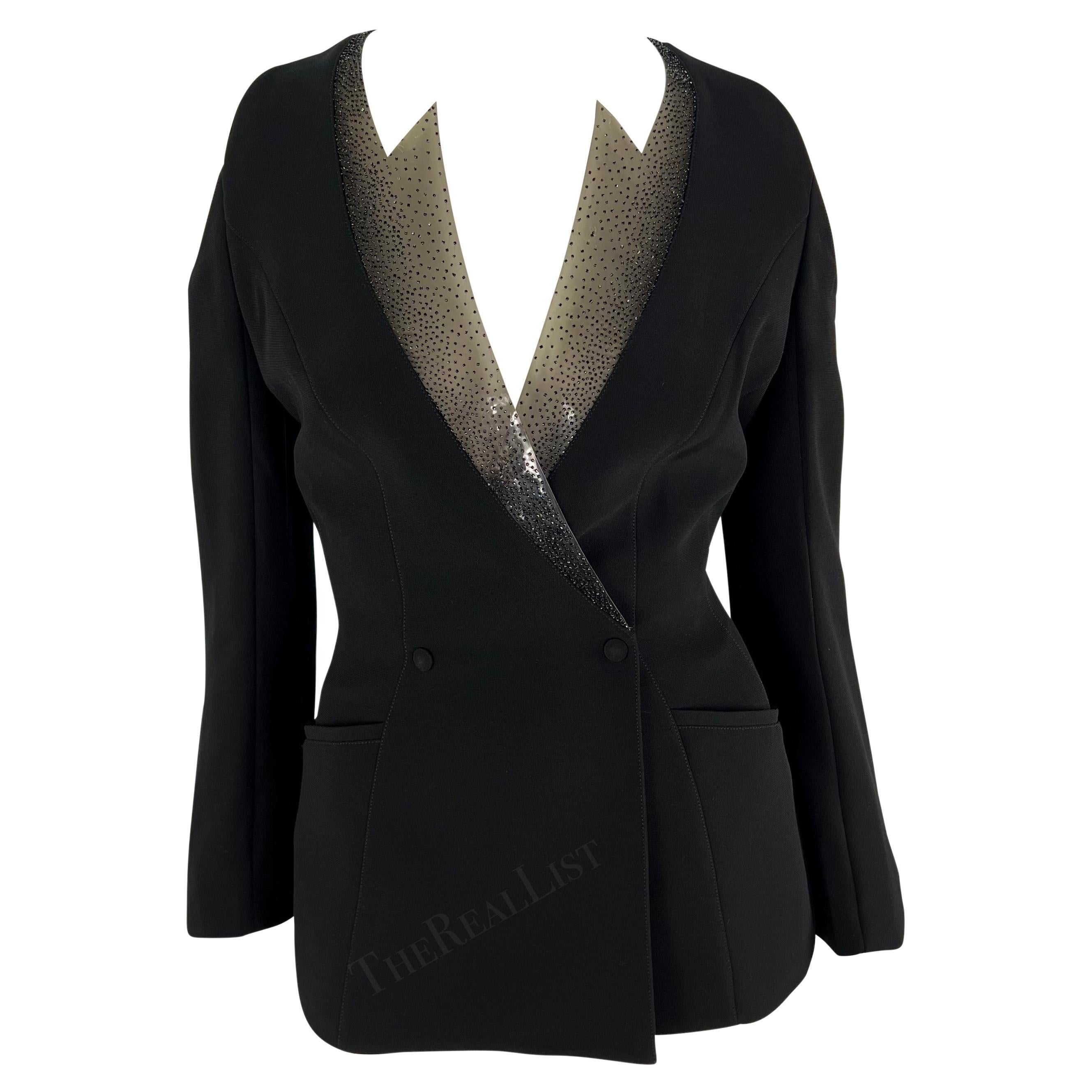 S/S 2001 Thierry Mugler Runway Beaded PVC Cutout Black Plunging Blazer For Sale