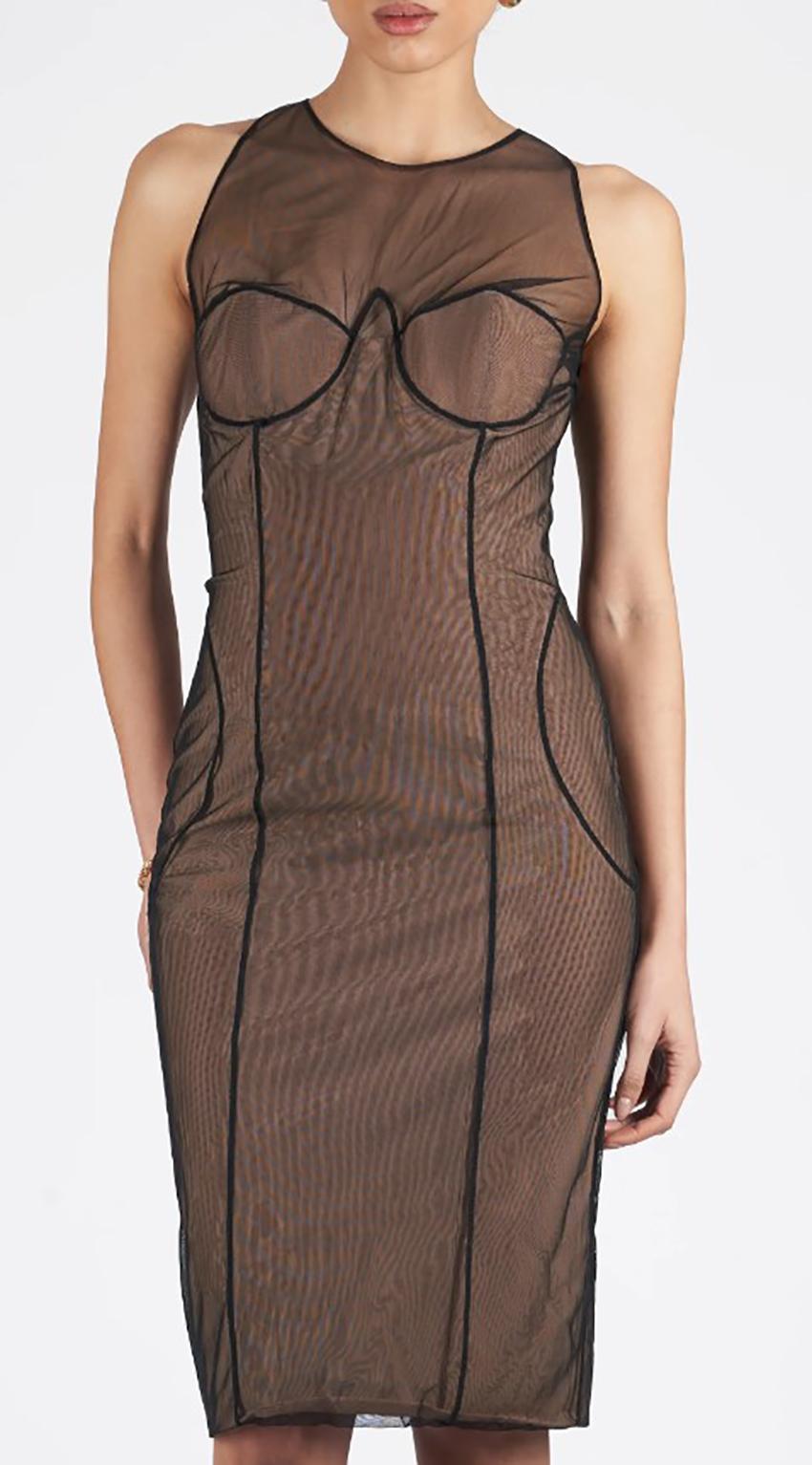 S/S 2001 TOM FORD for GUCCI VINTAGE NUDE/BLACK MESH DRESS IT 42 - US 6 1