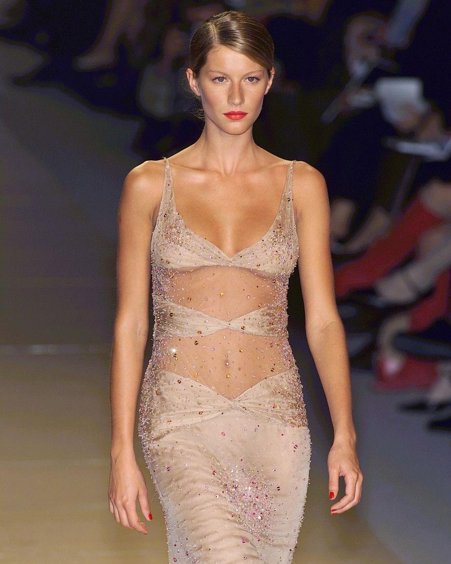 S/S 2001 Valentino Mesh and Silk Tan Embellished Gown 8