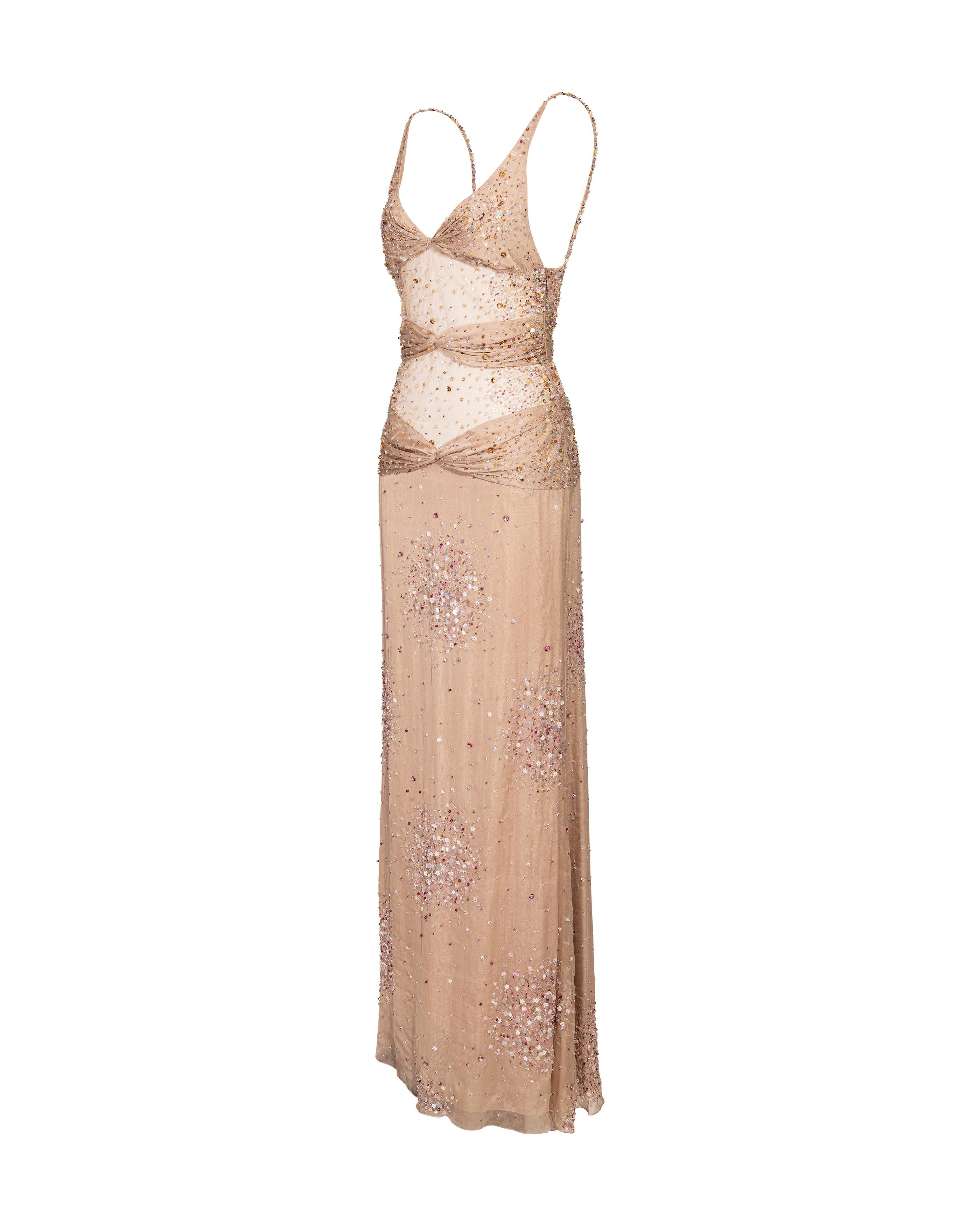 S/S 2001 Valentino Mesh and Silk Tan Embellished Gown In Excellent Condition In North Hollywood, CA