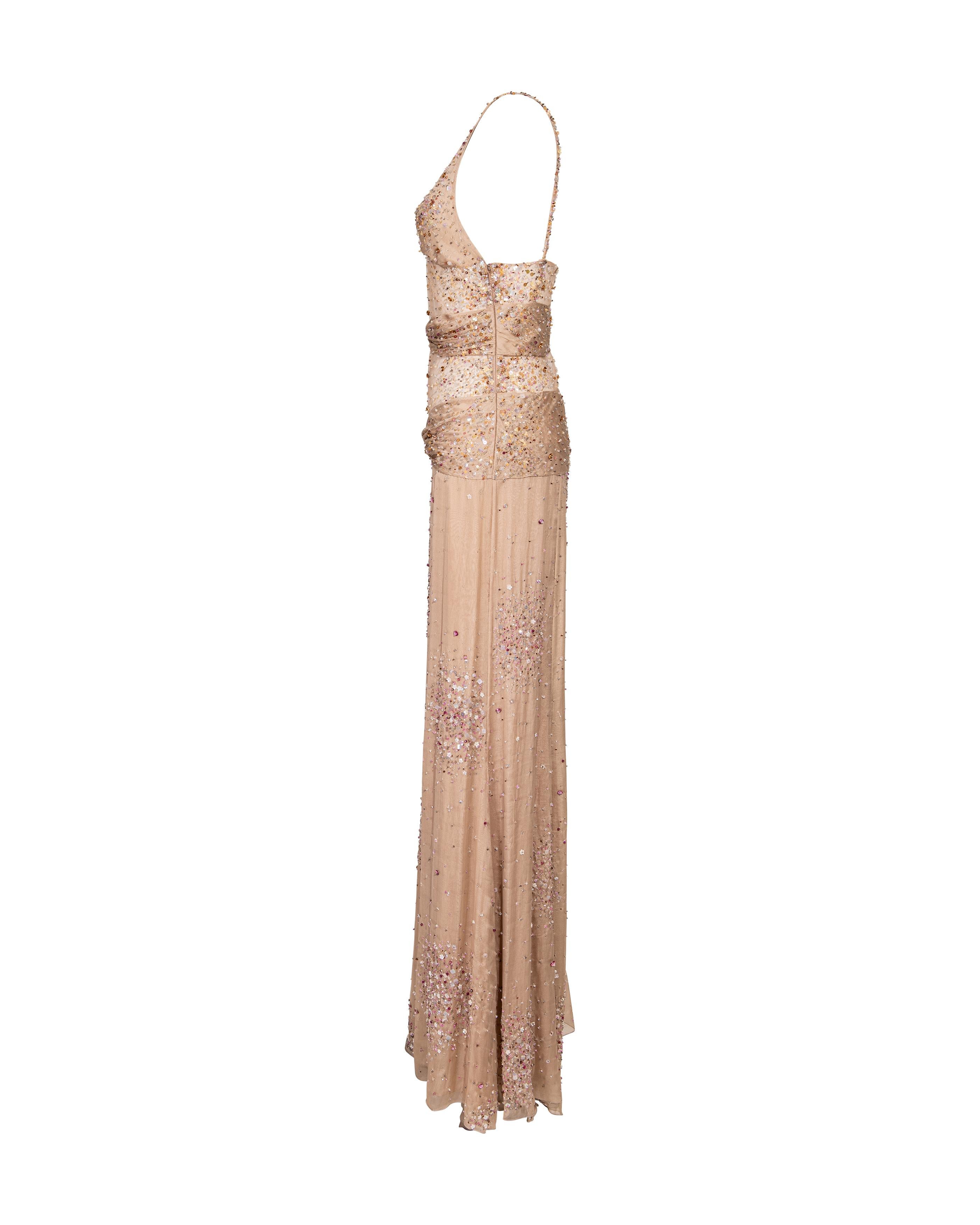 Women's S/S 2001 Valentino Mesh and Silk Tan Embellished Gown
