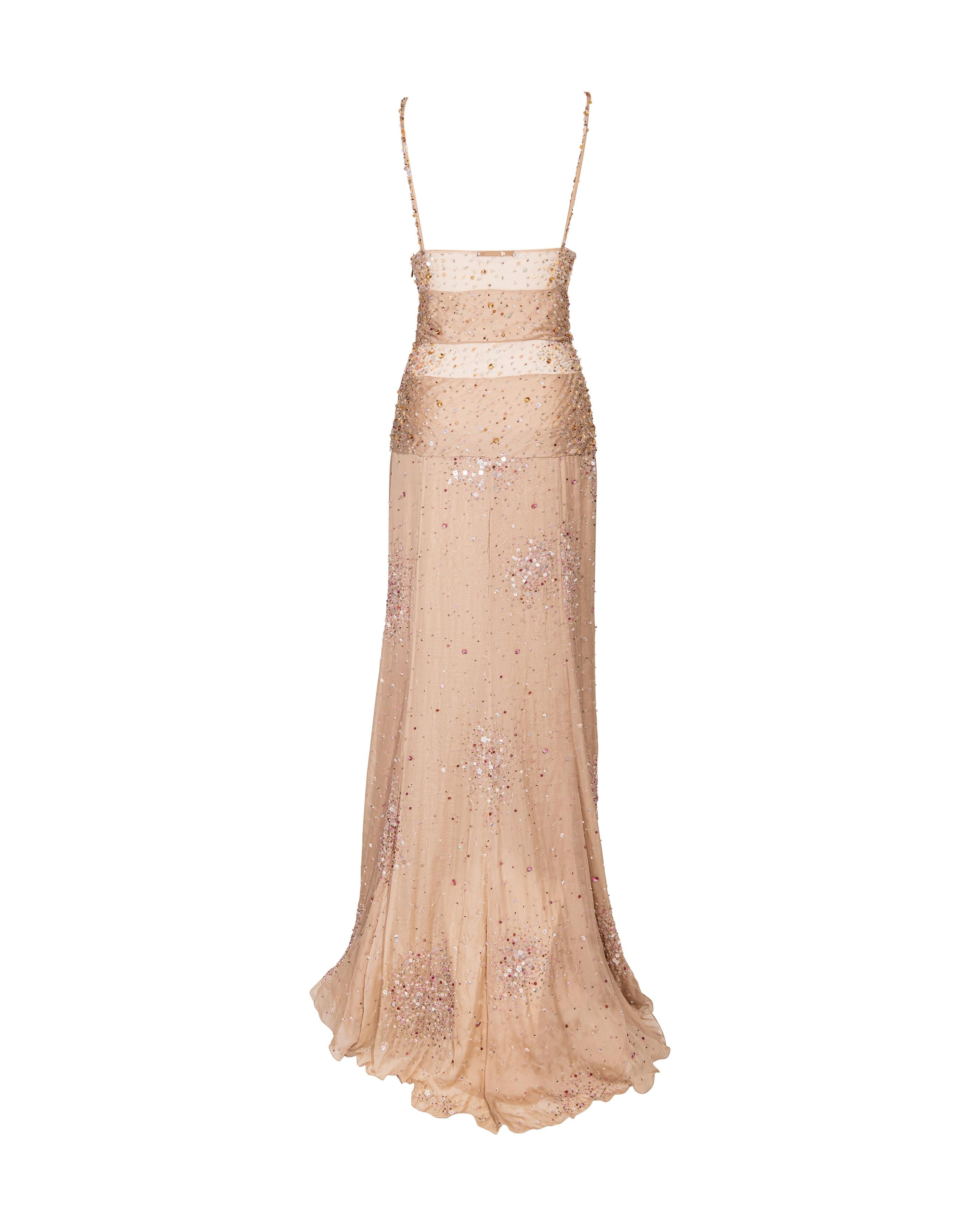 S/S 2001 Valentino Mesh and Silk Tan Embellished Gown 1