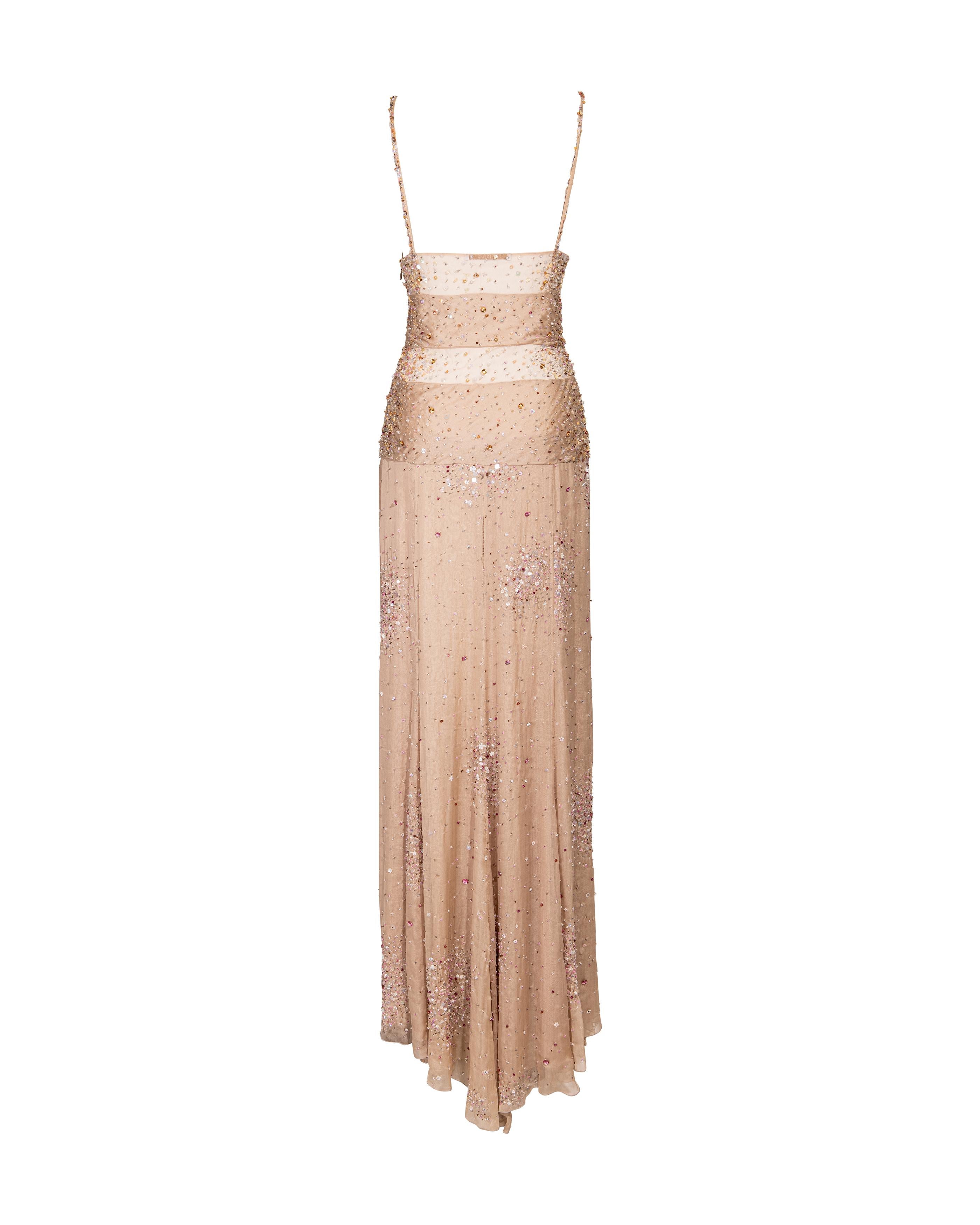 S/S 2001 Valentino Mesh and Silk Tan Embellished Gown 2