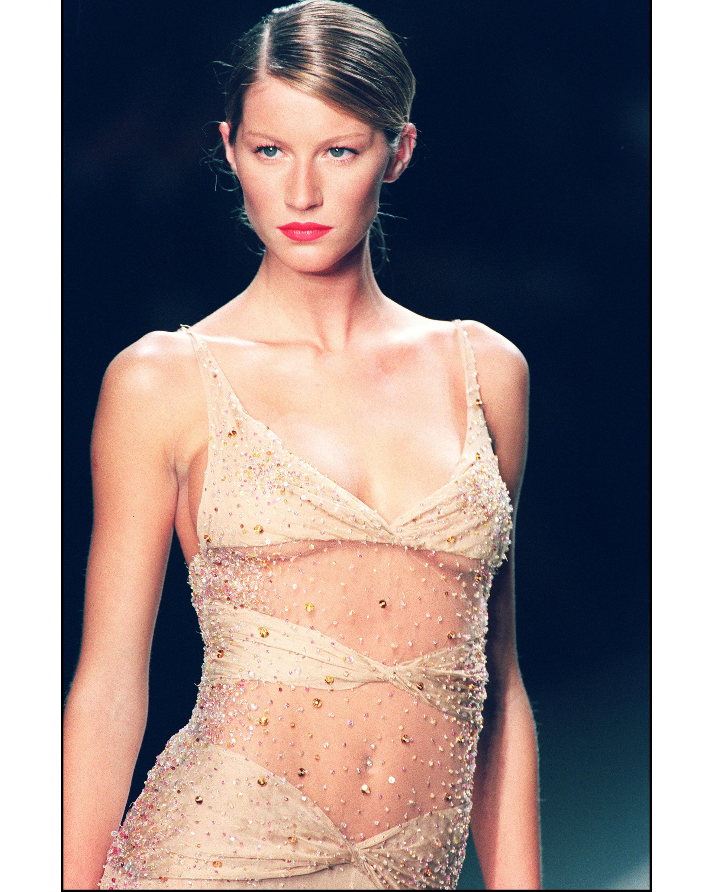 S/S 2001 Valentino Mesh and Silk Tan Embellished Gown 3