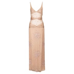S/S 2001 Valentino Mesh and Silk Tan Embellished Gown