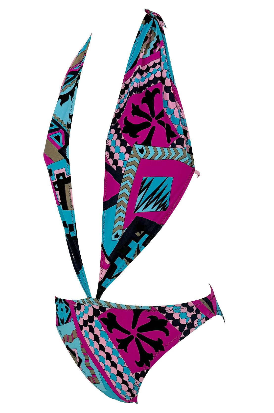 Traje de baño de una pieza S/S 2001 Yigal Azrouël Runway Plunging Halter Rosa Azul Púrpura en venta