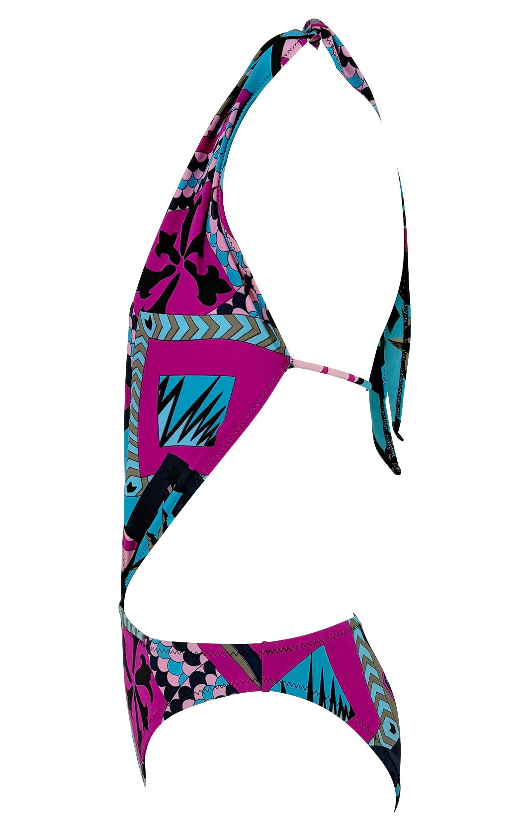 De las mujeres Traje de baño de una pieza S/S 2001 Yigal Azrouël Runway Plunging Halter Rosa Azul en venta