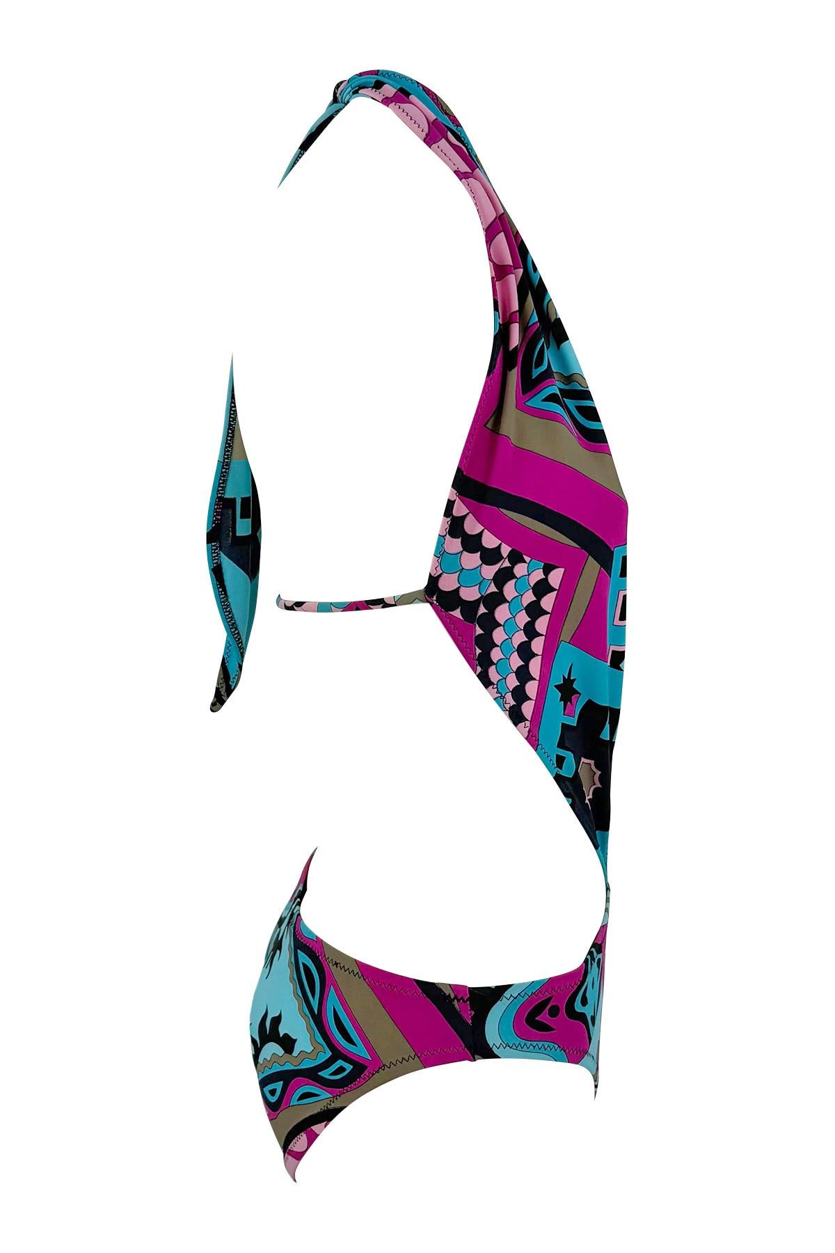 Traje de baño de una pieza S/S 2001 Yigal Azrouël Runway Plunging Halter Rosa Azul en venta 3
