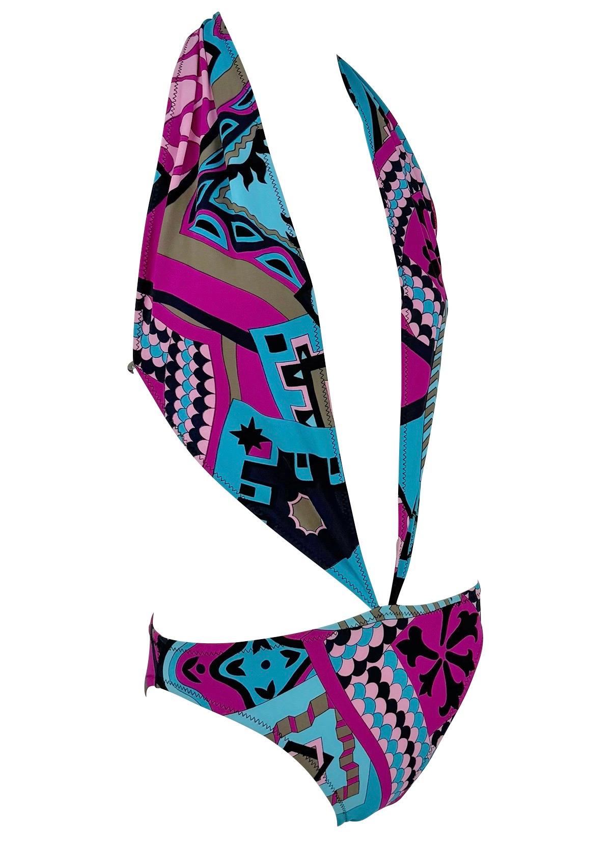Traje de baño de una pieza S/S 2001 Yigal Azrouël Runway Plunging Halter Rosa Azul en venta 4