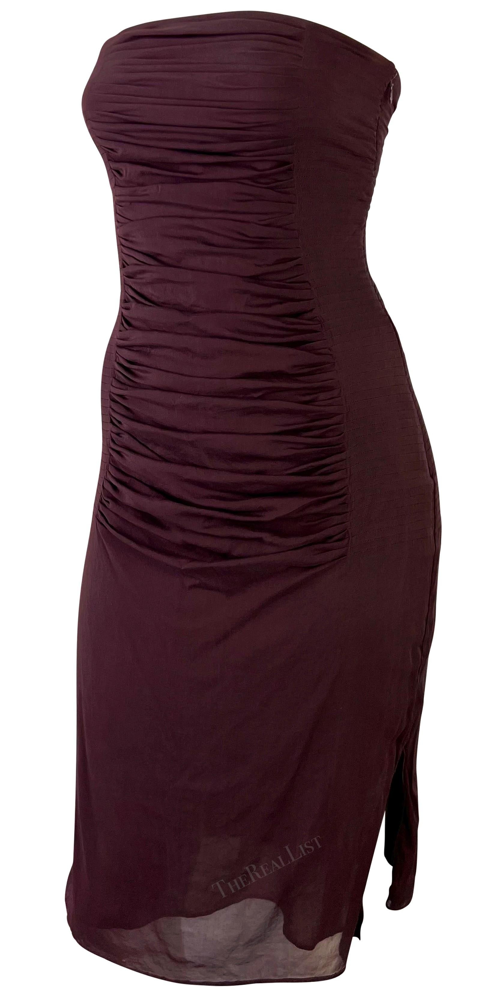 S/S 2001 Yves Saint Laurent by Tom Ford Sheer Maroon Pleat Strapless Mini Dress In Excellent Condition For Sale In West Hollywood, CA